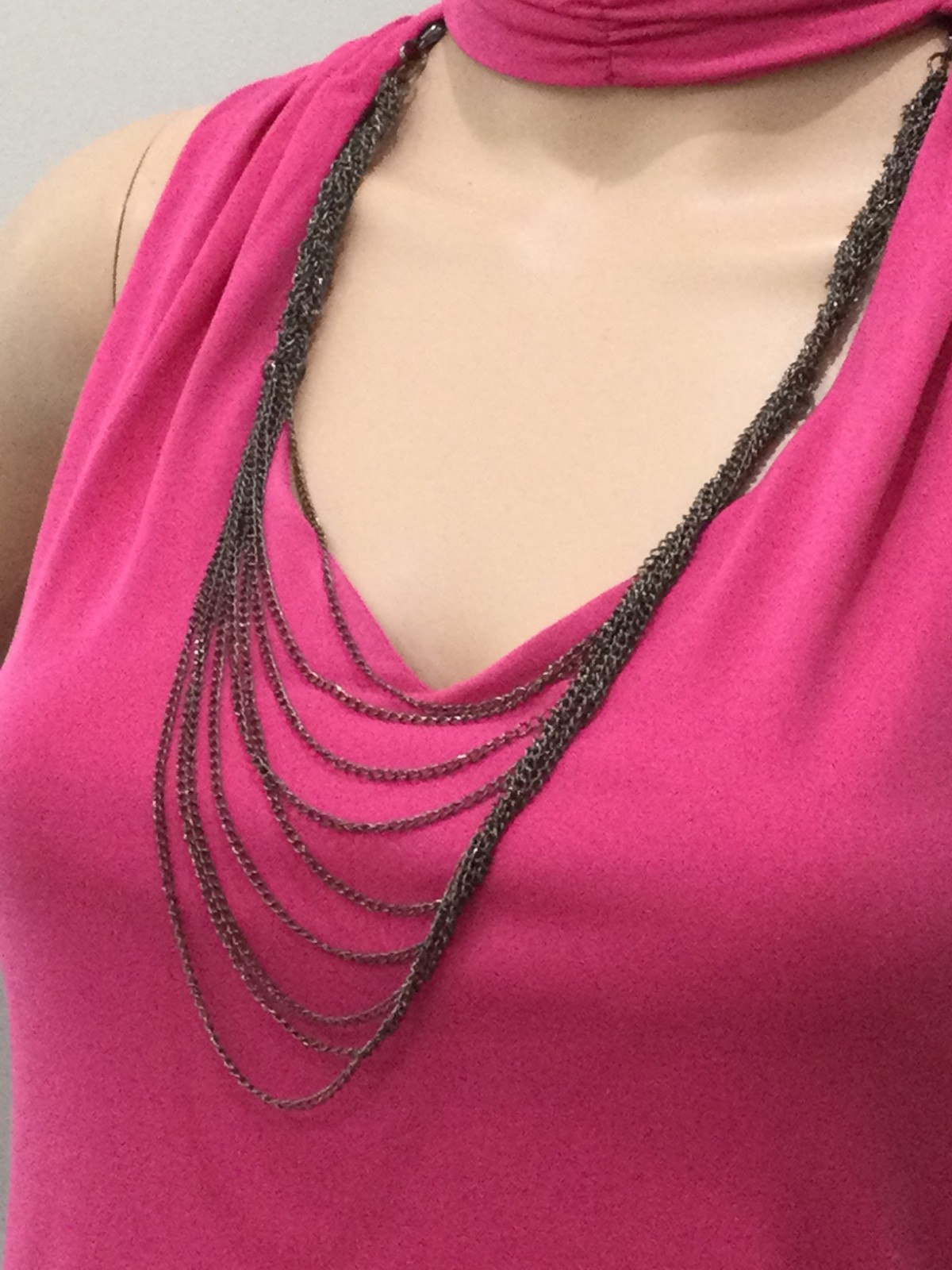 Bisou Bisou Pink Ruched Mock Neck Top Chain Detail Open Back Y2K Glam Size M