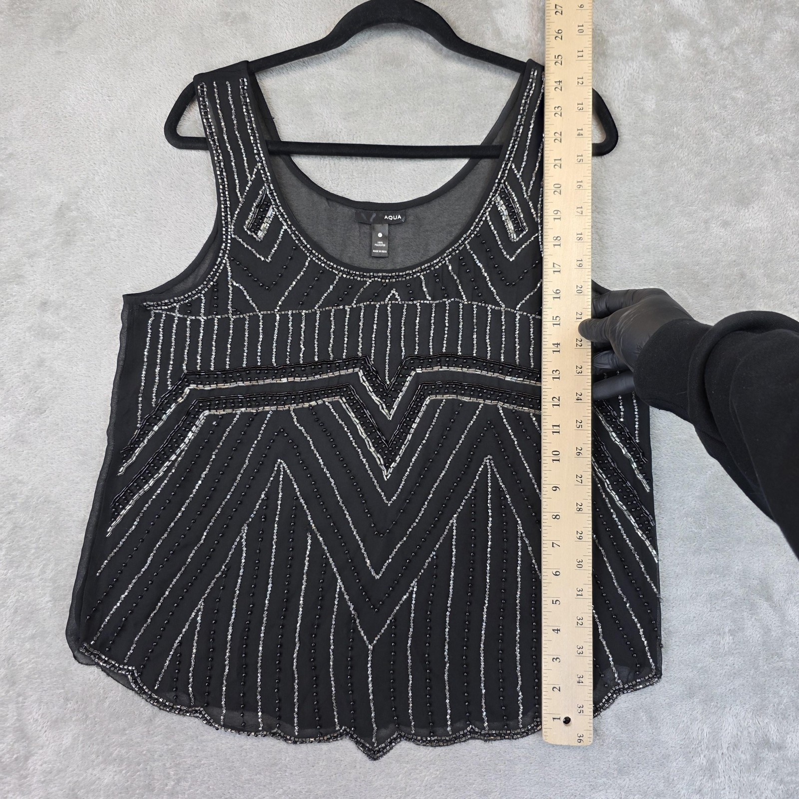 Aqua Tank Top Womens Large Black Beaded Geometric Sheer Chiffon Party Cami