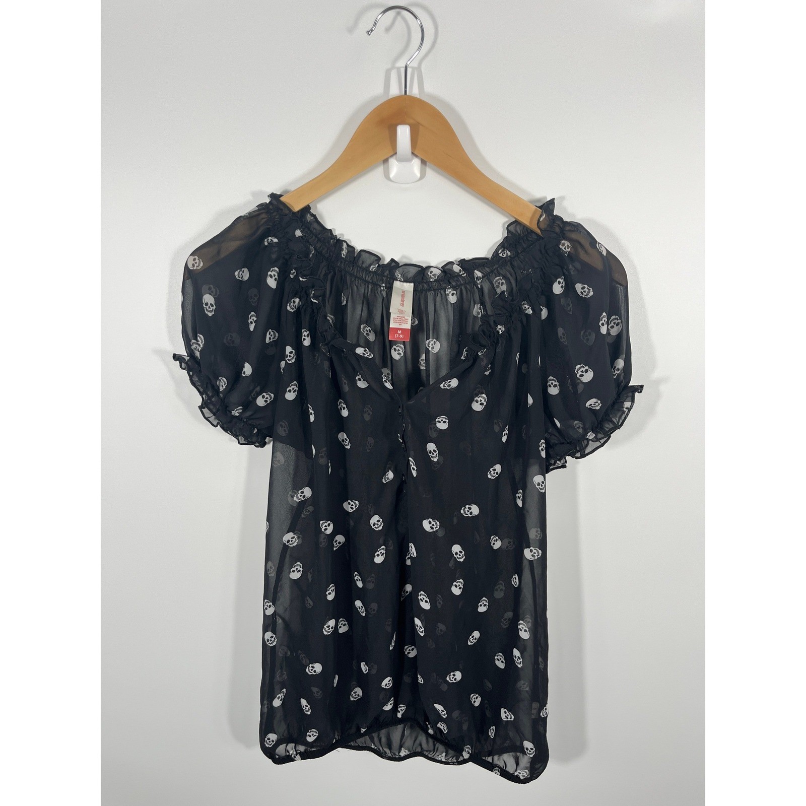 NoBo Whimsigoth Womens Top M Black Sheer Skull Print Grunge Emo Goth Ruffle