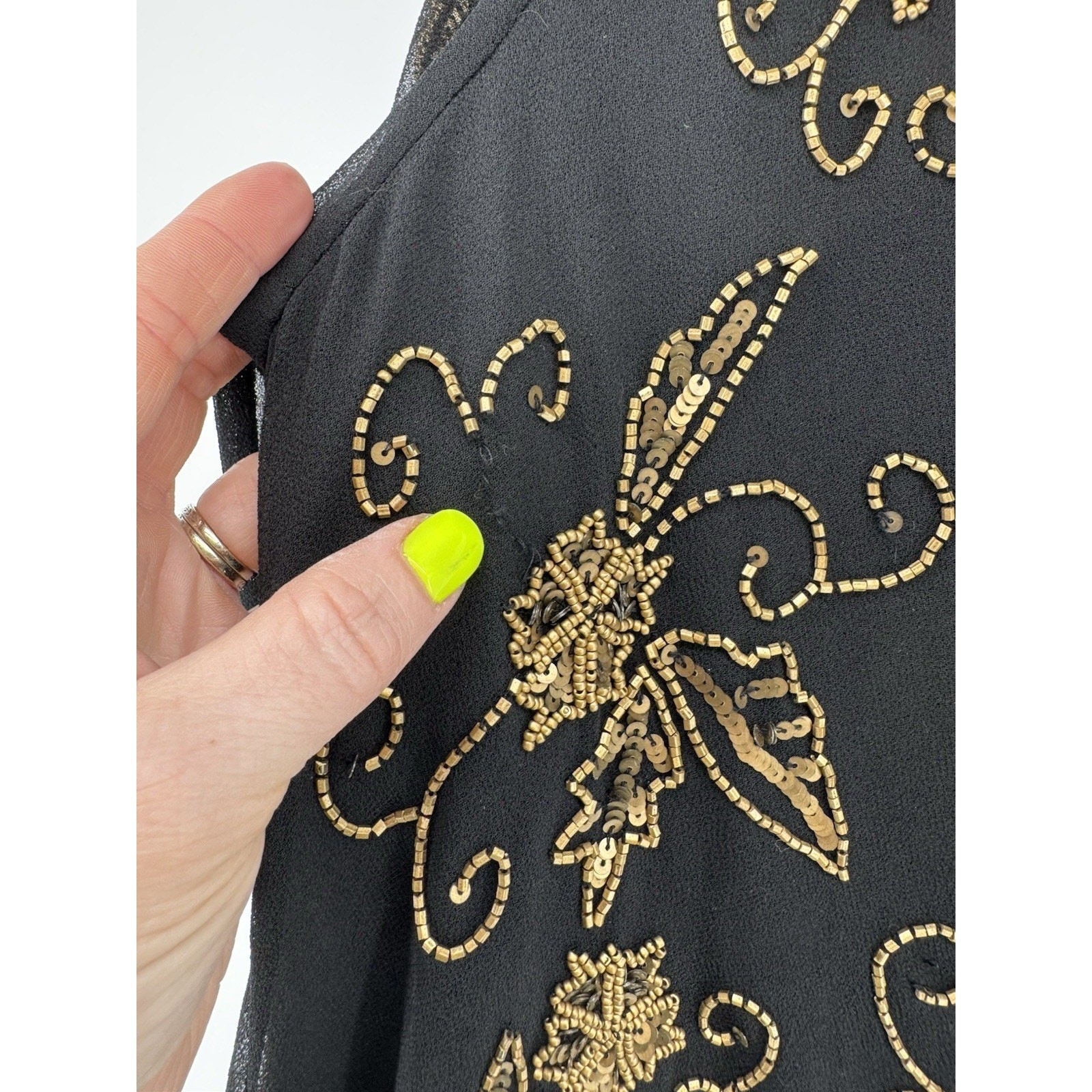 Jacques Vert Beaded Top Sheer Black Gold Beads Size 12 Vintage NWT Flaw