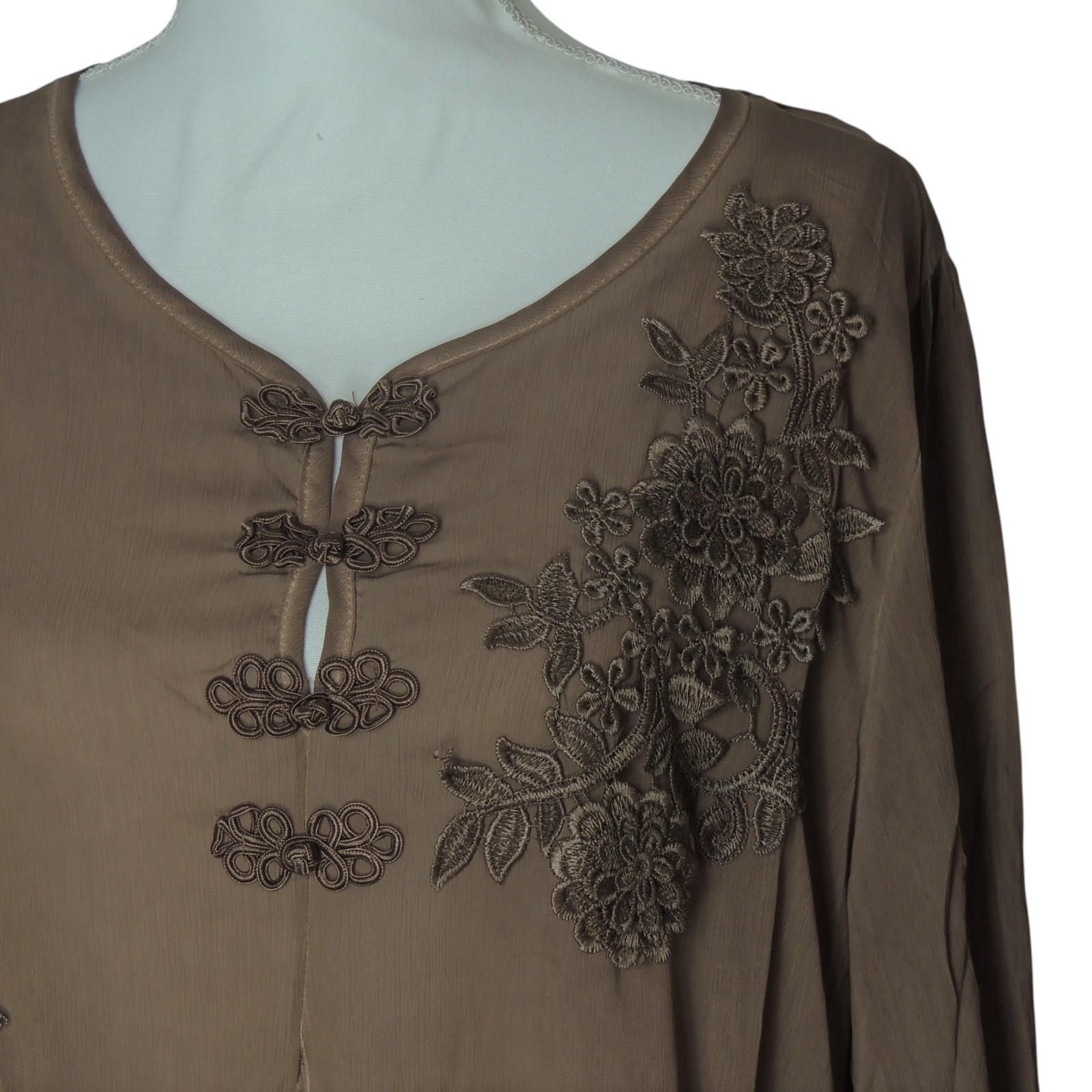 Pretty Angel Whimsical Fairy BOHO Sheer Split Embroidered Brown Blouse Medium