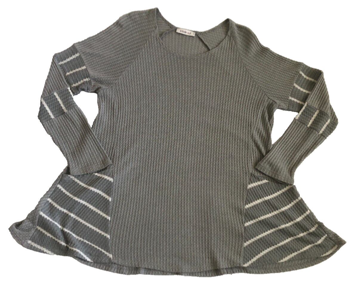Inside Out Womens Top Sz M Gray Stripe Scoop Neck Long Sleeve Pocket Stretch