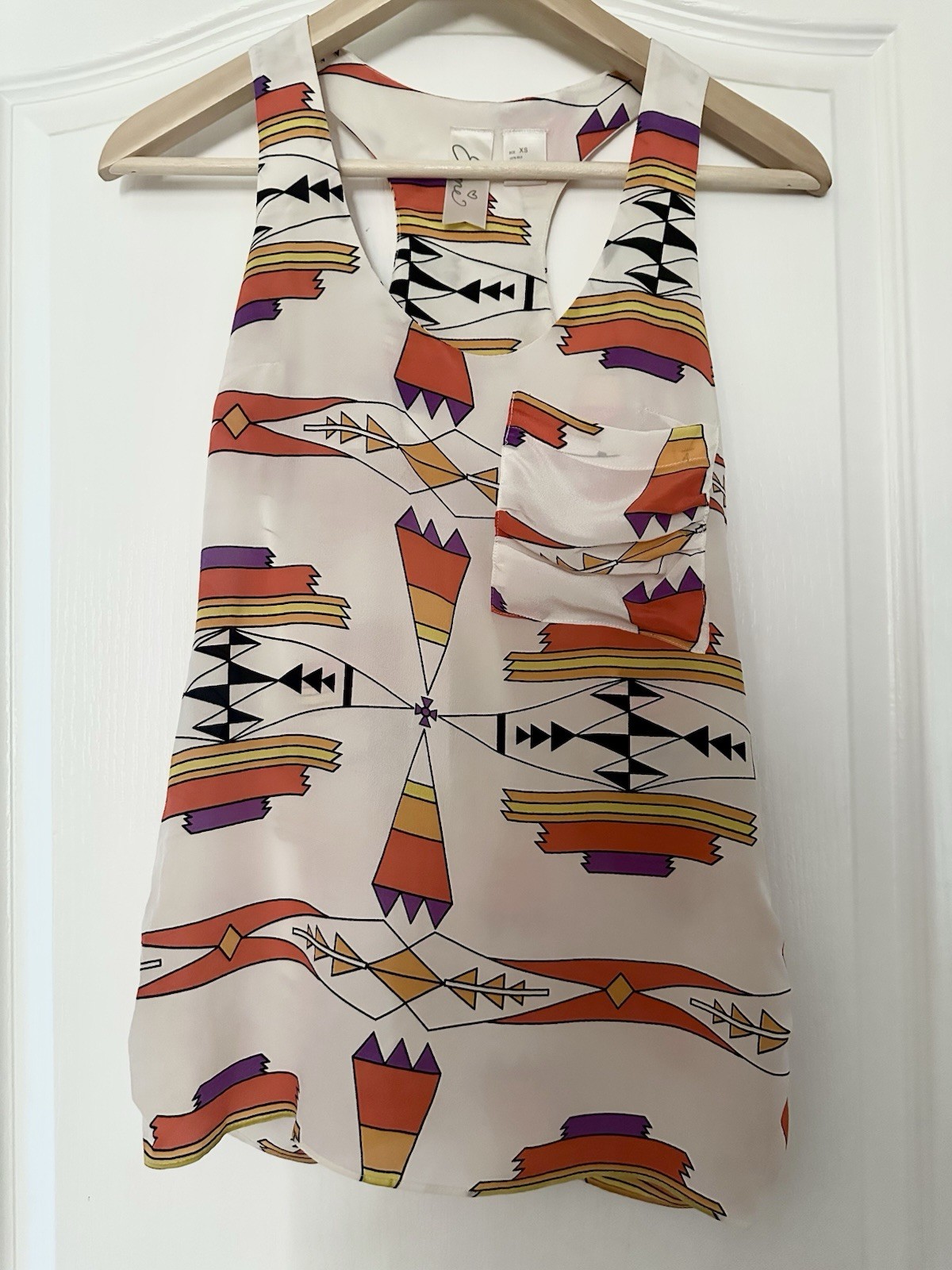 Used Esme Anthropologie Silk Geometric Abstract Tribal Print Top Extra Small XS