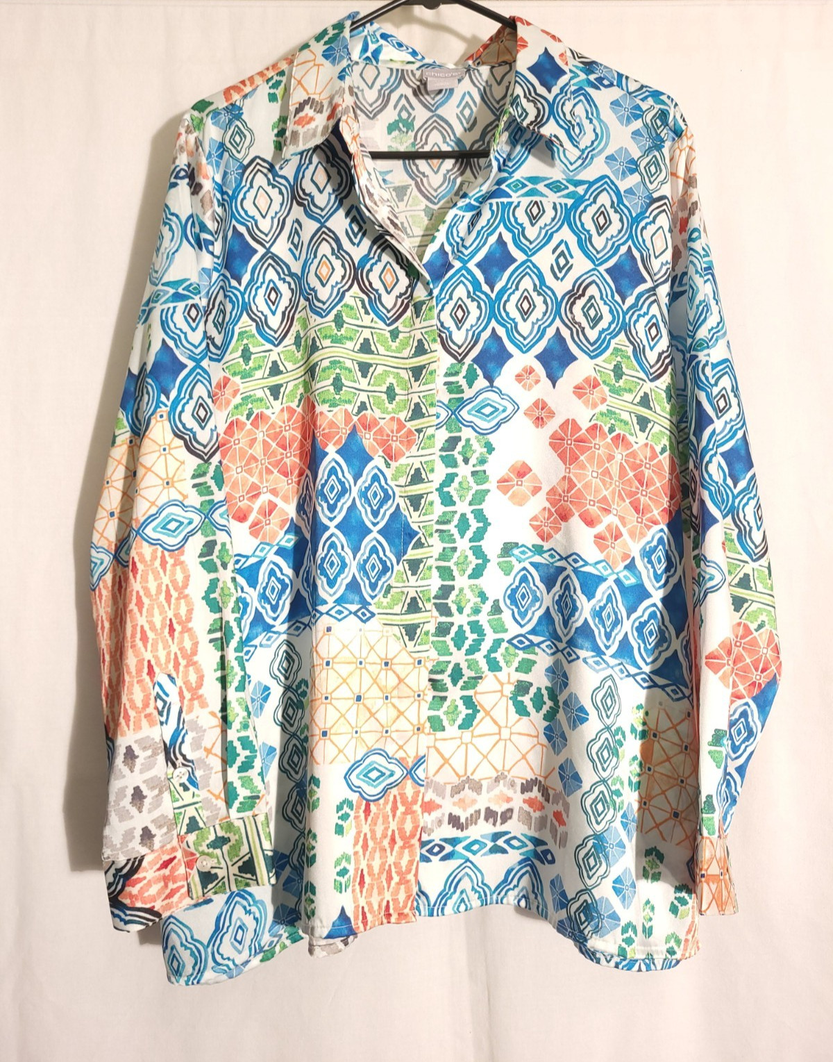 Chicos-White Blue Orange Green Geo Satiny Long Sleeve Button Top Blouse- 3 XL