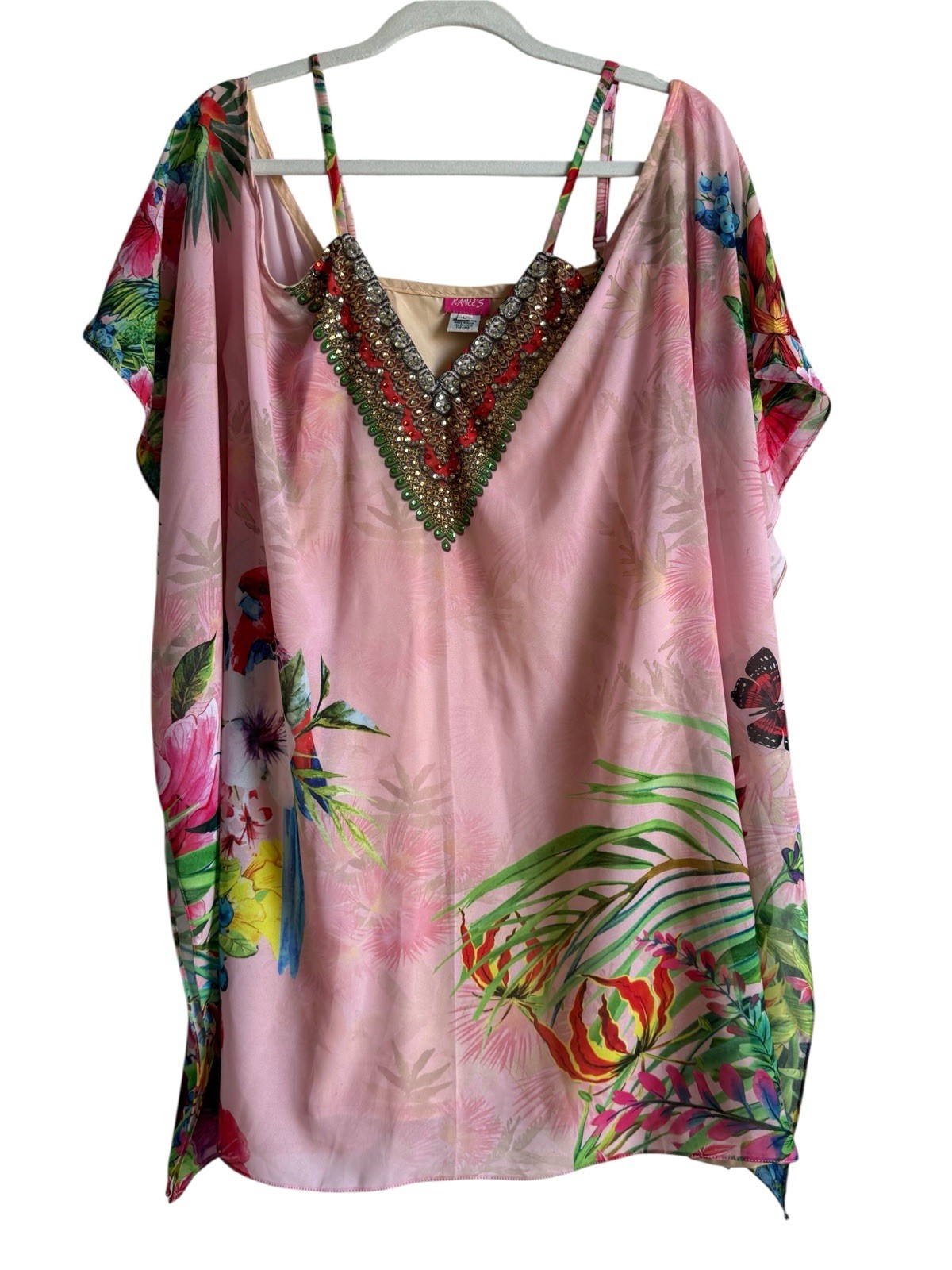 Ranee’s Blouse Sheer Top Size L Pink Tropical Beachy Art to Wear Cold Shoulder