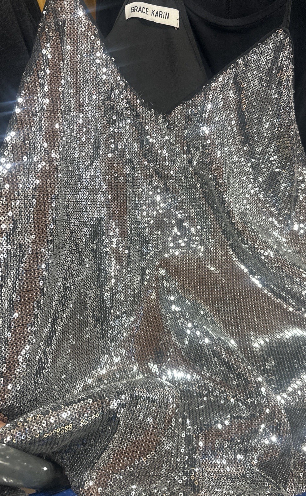 Grace Karin Silver Sequin Halter Cowl Neck Tank Top XL Y2K Party Club Lined