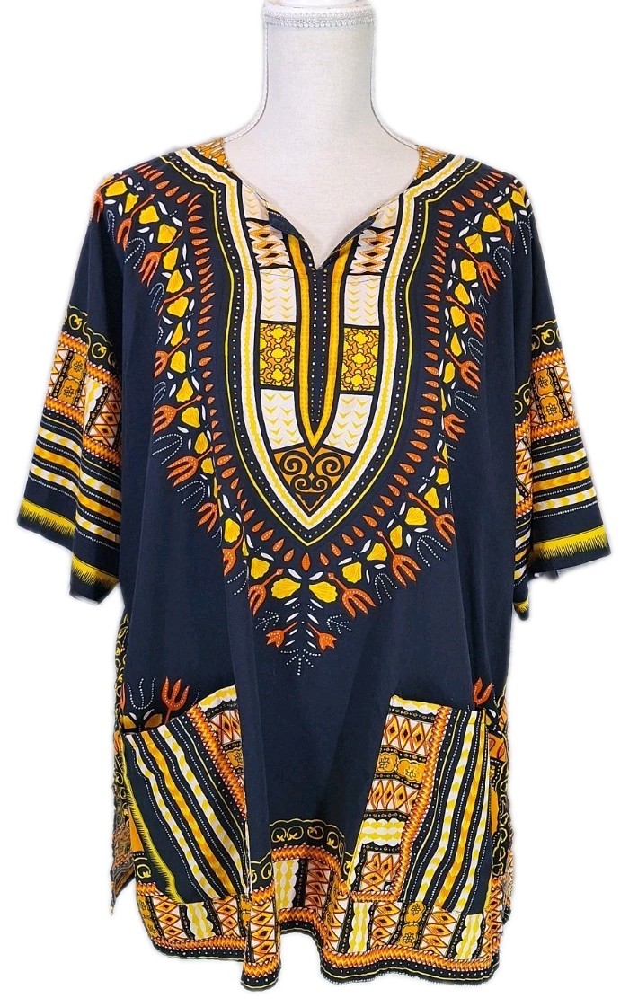 OGGI XL African Dashiki Multi-Color 100% Cotton SS Tunic Top Front Pkts Unisex