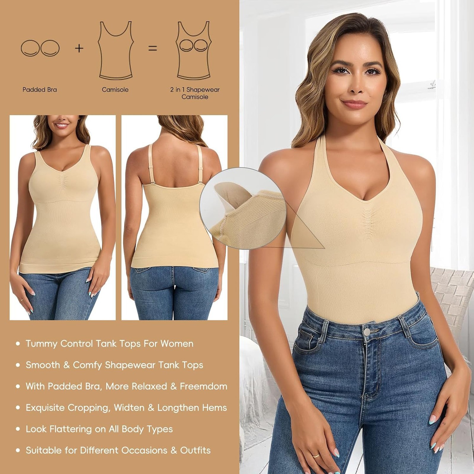 Shapewear Camisole With Built In Bras Halter Tops for Women Tummy Control Tank