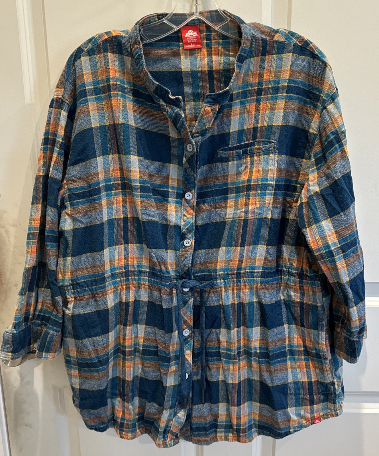 Eastern Mountain Sports EMS Plaid Flannel Cinch Waist Button Up Top Tunic Sz XL