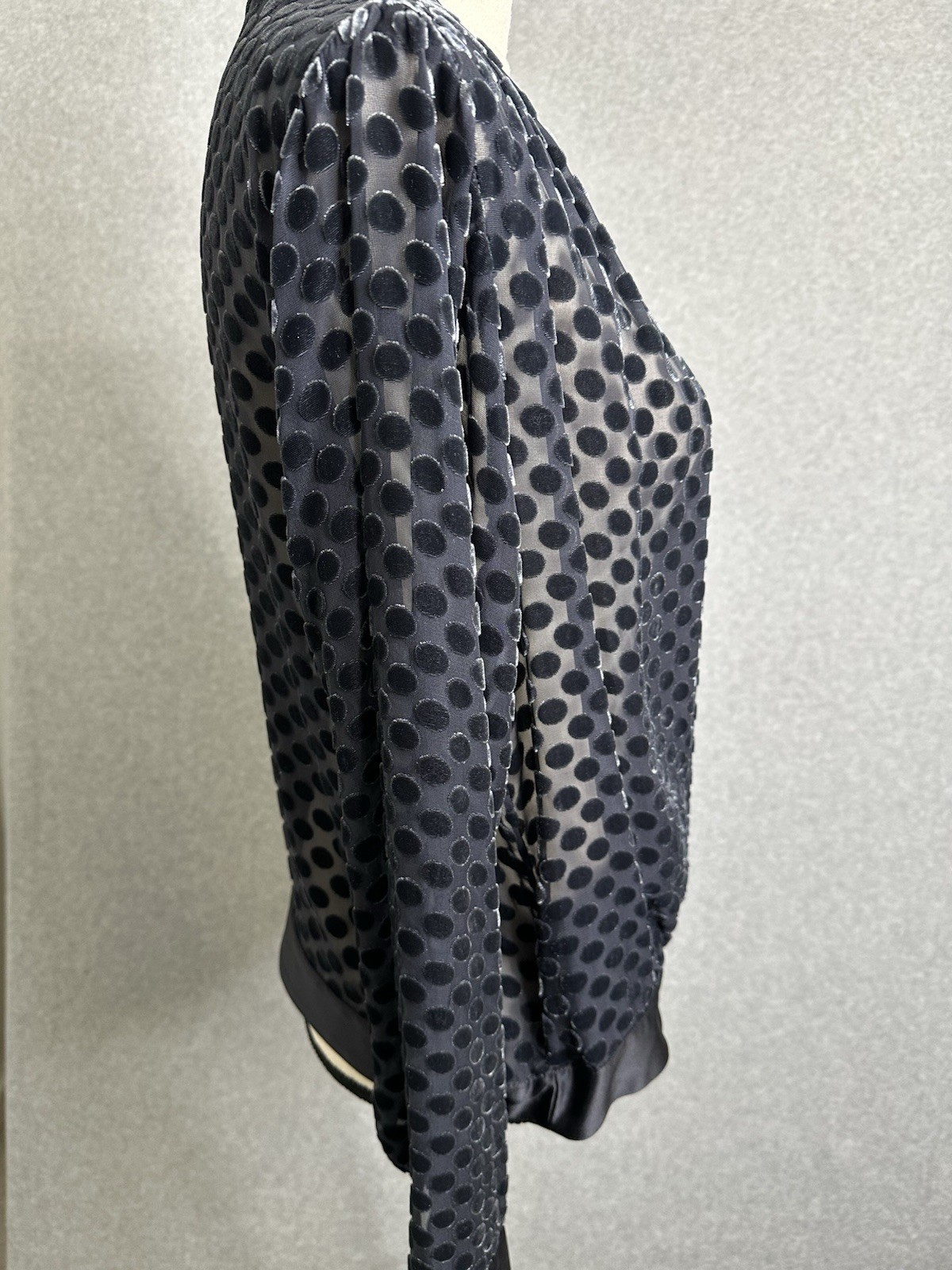 Worth New York Medium Polka Dot Top Black Silk Blend Semi Sheer French Cuff