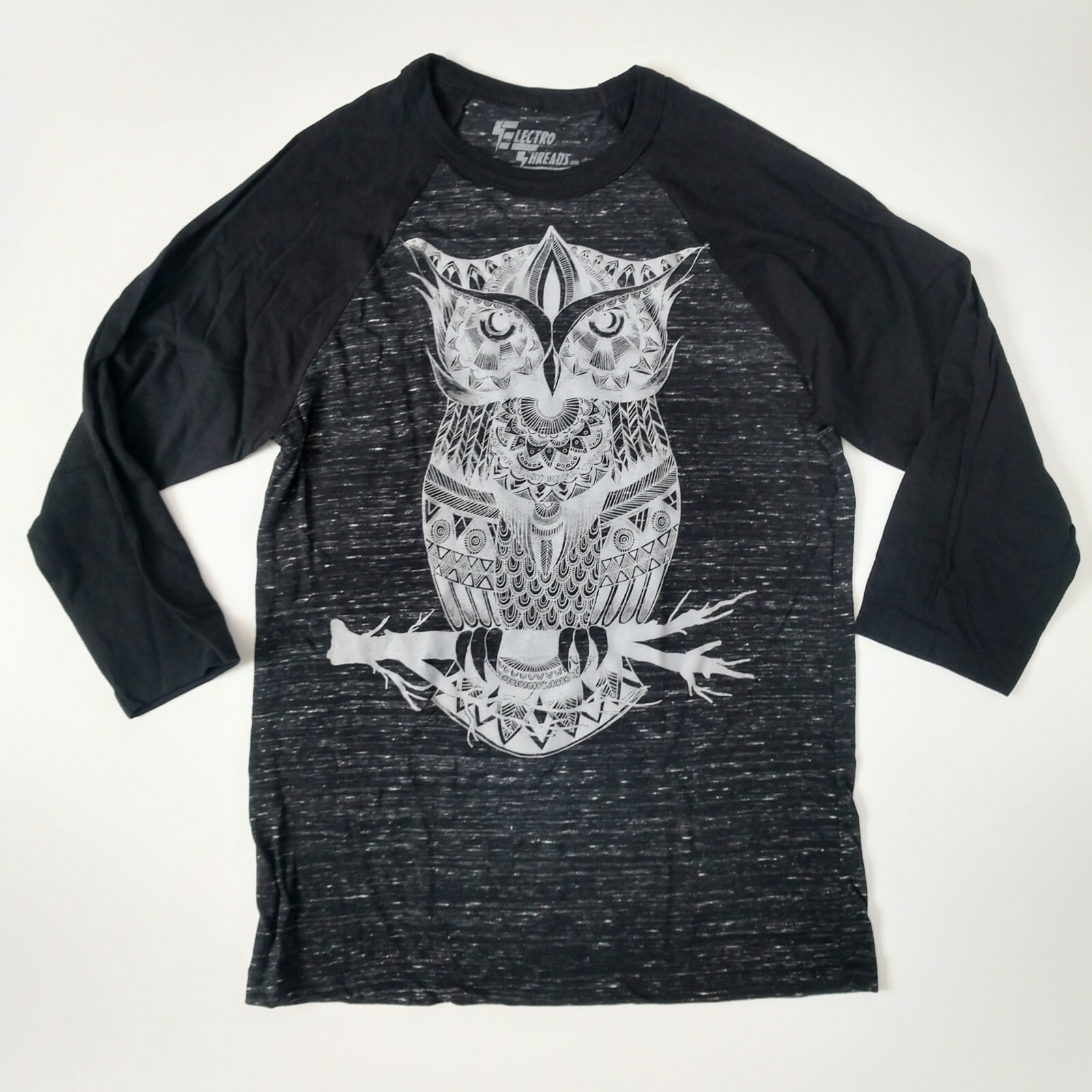Electro Threads Owl Heathered Baseball Tee Shirt Women’s Small