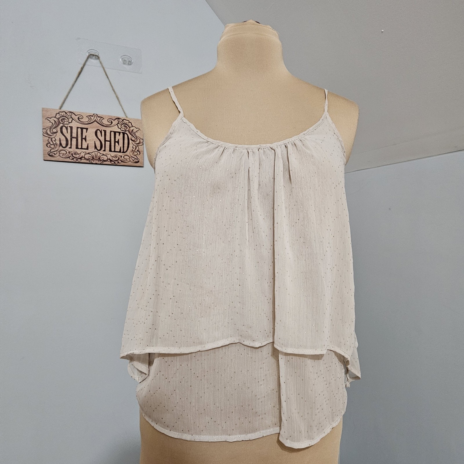 Xhilaration Tank Top Cream Gold Polka Dot Sheer Tiered Layer Fairy Y2K Flouncy