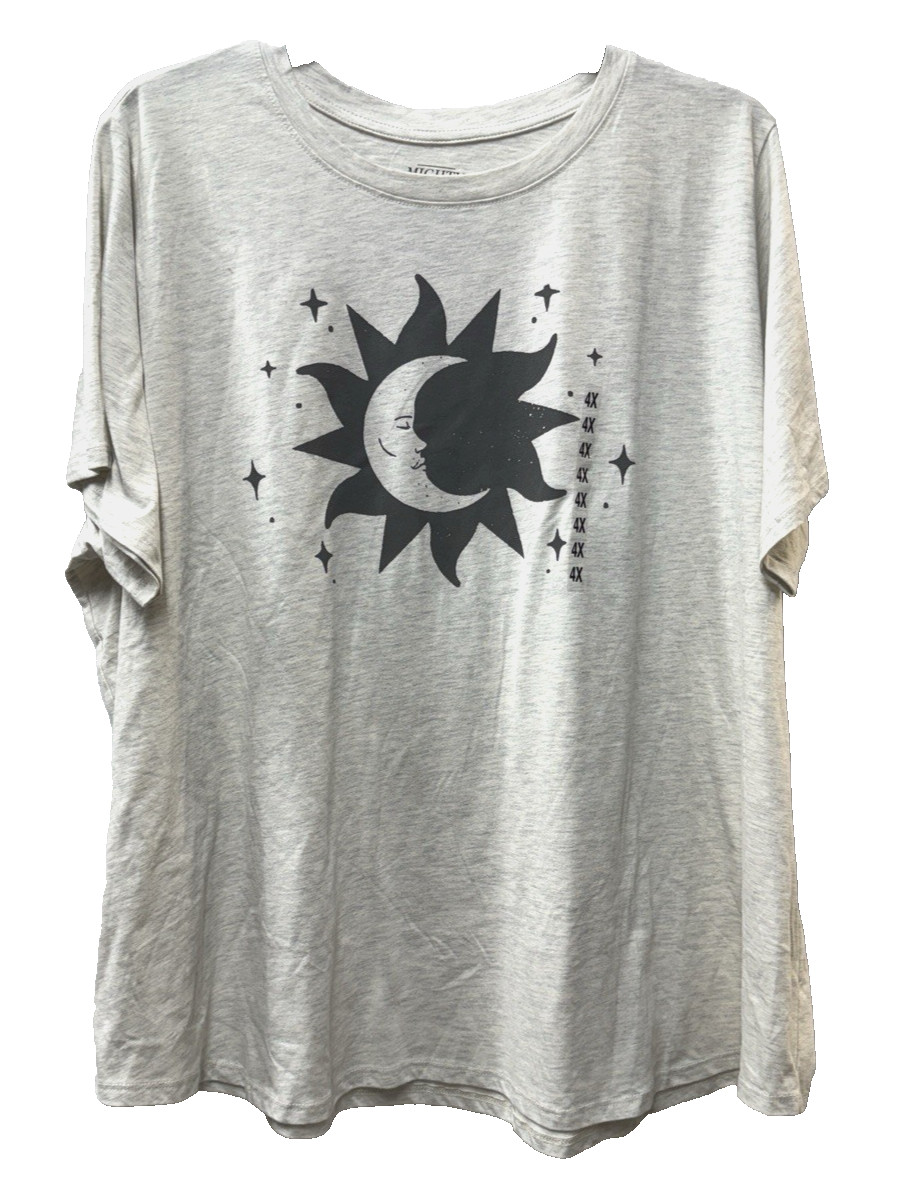 MIGHTY FINE Women Sz 4X Gray Moon & Sun Short Sleeve Tee T Shirt Top FAST SHIP!