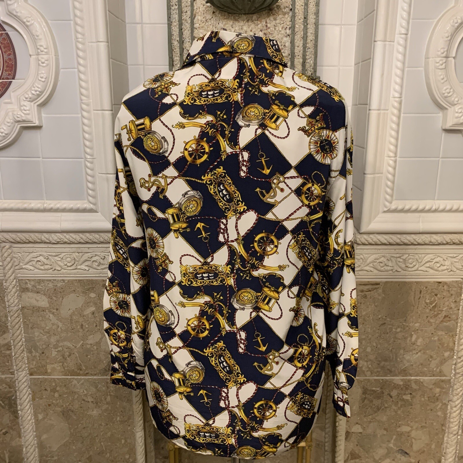 Vintage Quo Silk Nautical Shirt. Covered Buttons. Size M-XL. Dry Cleaned. WTC.