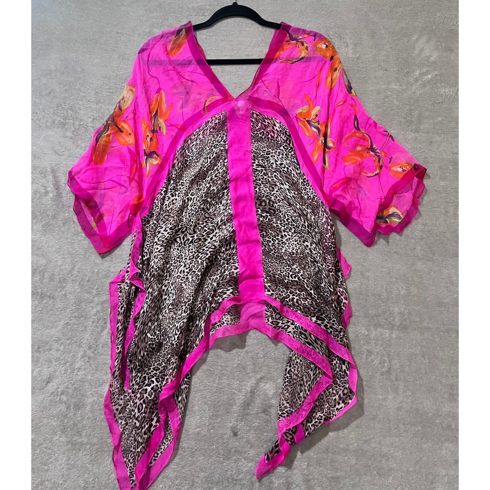 Silk Kaftan Tunic One Size Mixed Print Leopard Sheer Maximalist Asymmetrical