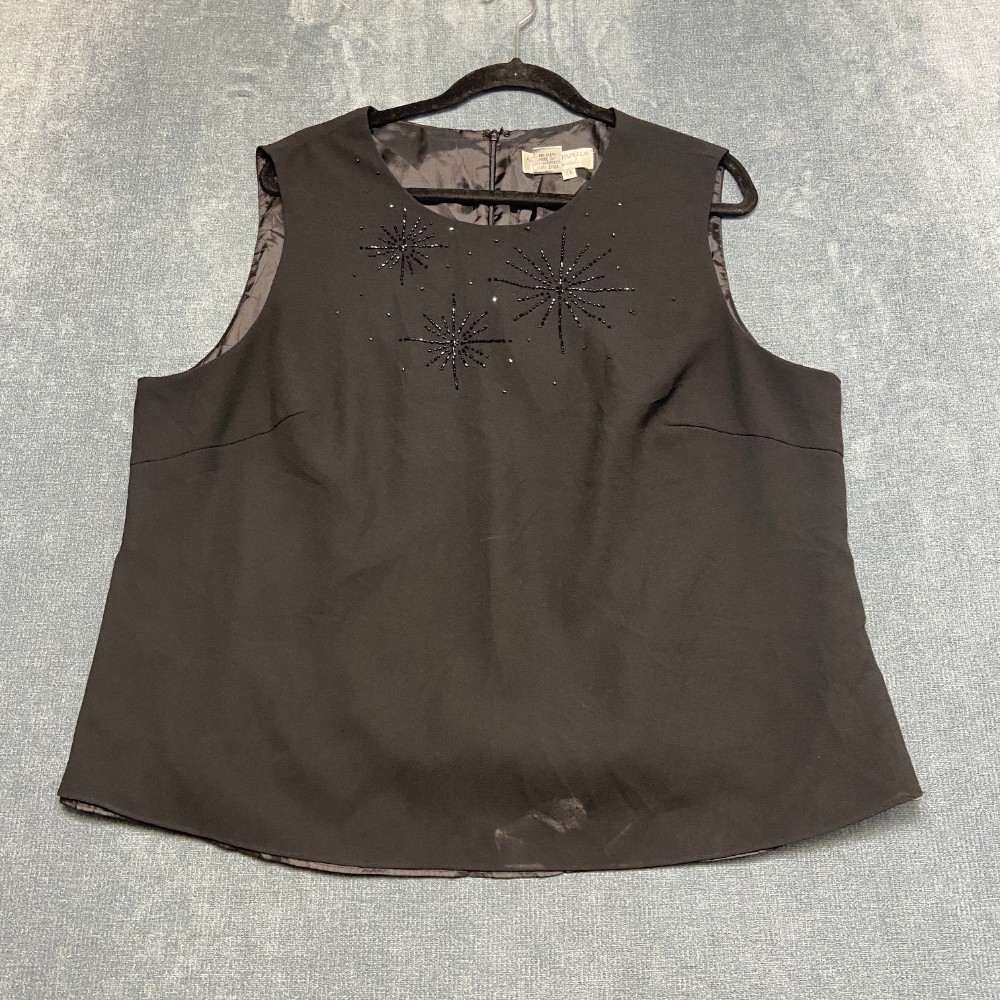 Adrianna Papell Blouse Top Womens 2X Black Sleeveless Beaded Back Zip Round Neck