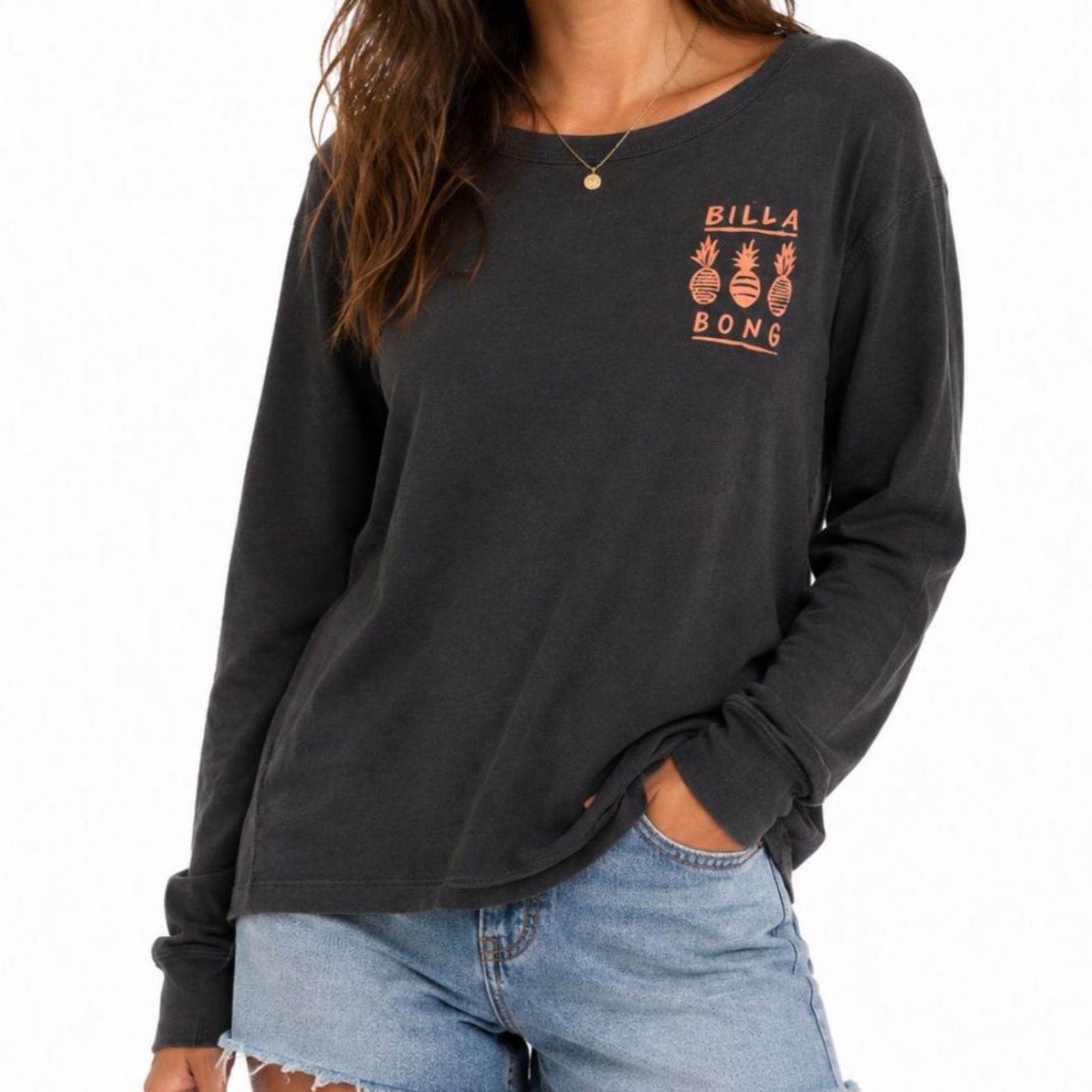 NWT Billabong Pineapple Graphic Long Sleeve Tee Charcoal Gray 100% Cotton Small