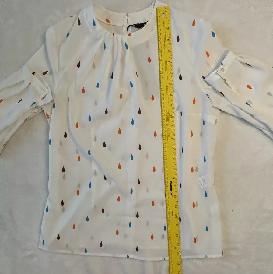 Nife Women’s Blouse White/MultiColor Teardrop Design Long Sleeves NWT Size Small