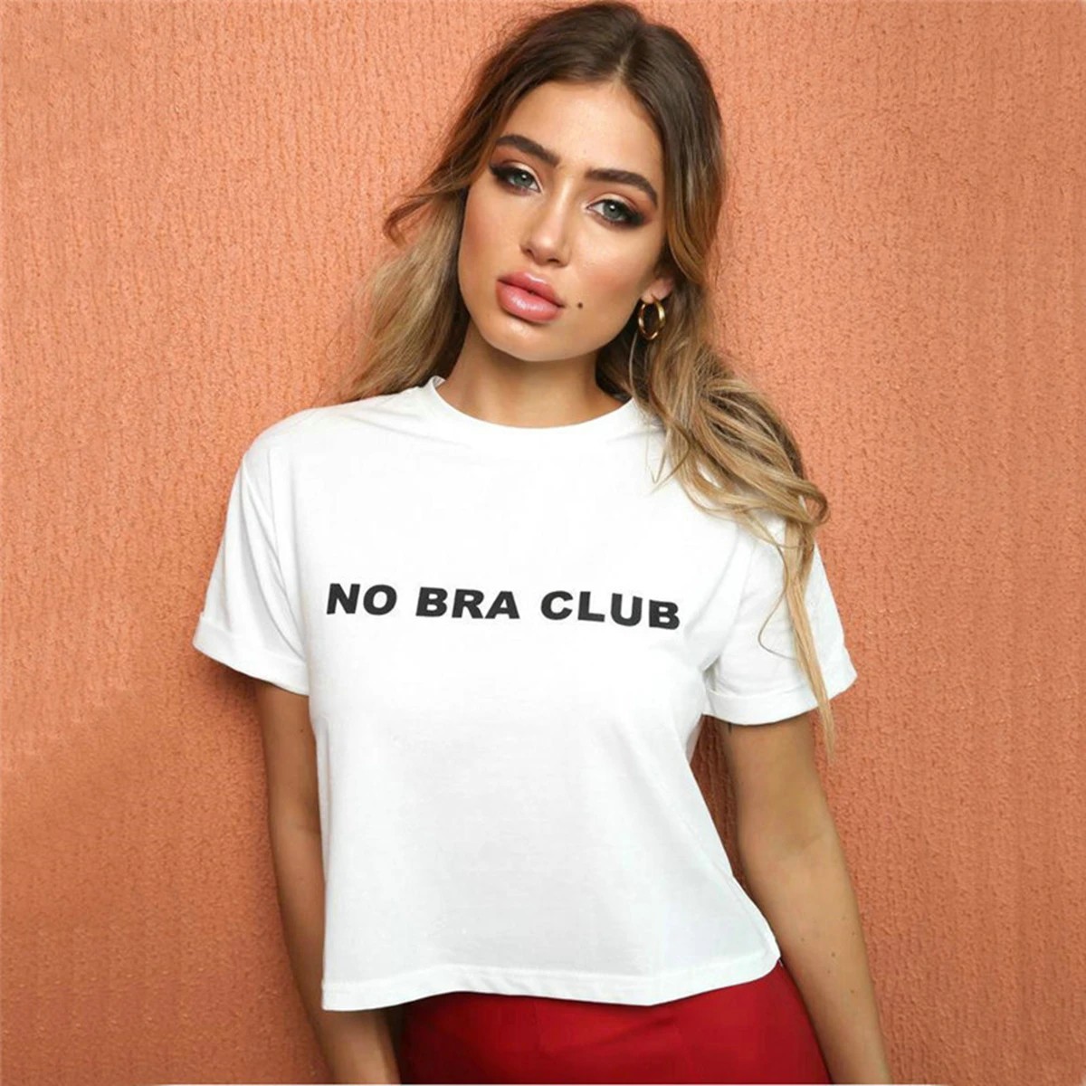 Woman Short Sleeve Crop T-shirt No Bra Club letter Printed Crop Top S-2XL Shirt