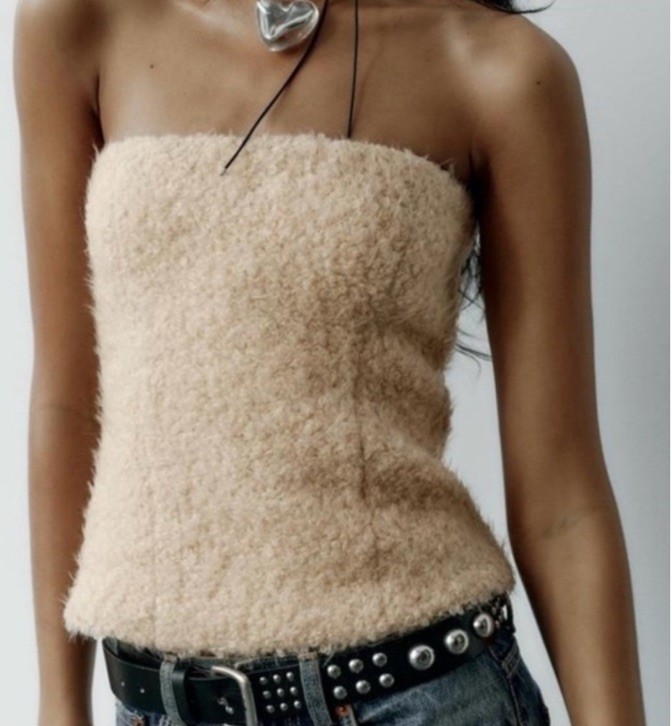 NWT ZARA Cozy Cream Tan Textured Fuzzy Teddy Bear Corset-Style Strapless Top, S