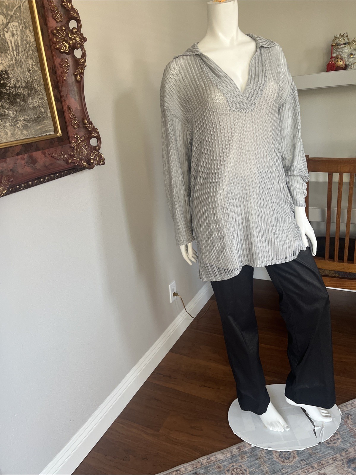 Silver Gray Textured Open-Knit Tunic & Black Pants