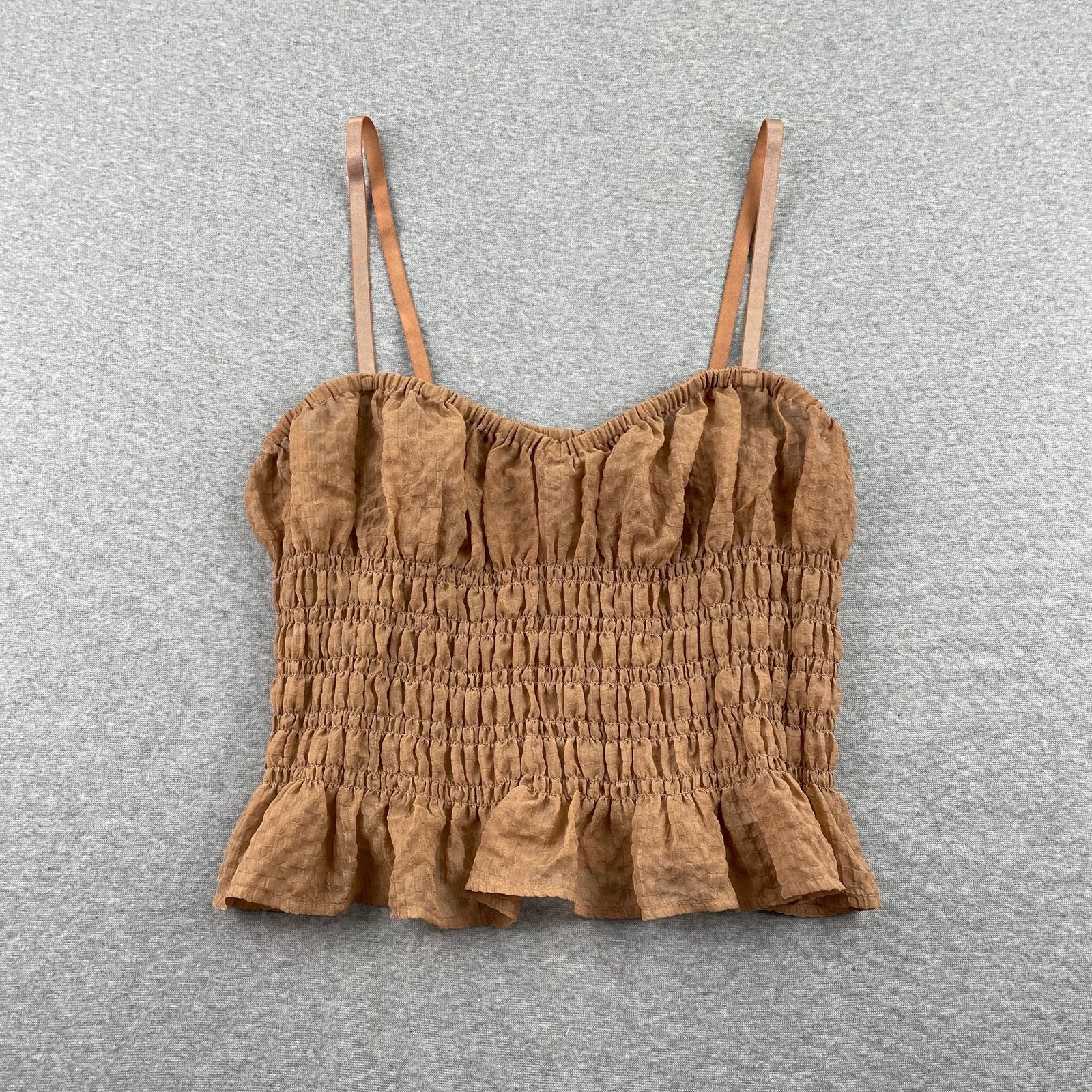 Open Edit Nordstrom Cami Top Womens S Brown Tan Shirred Sheer Ruffle Coquette