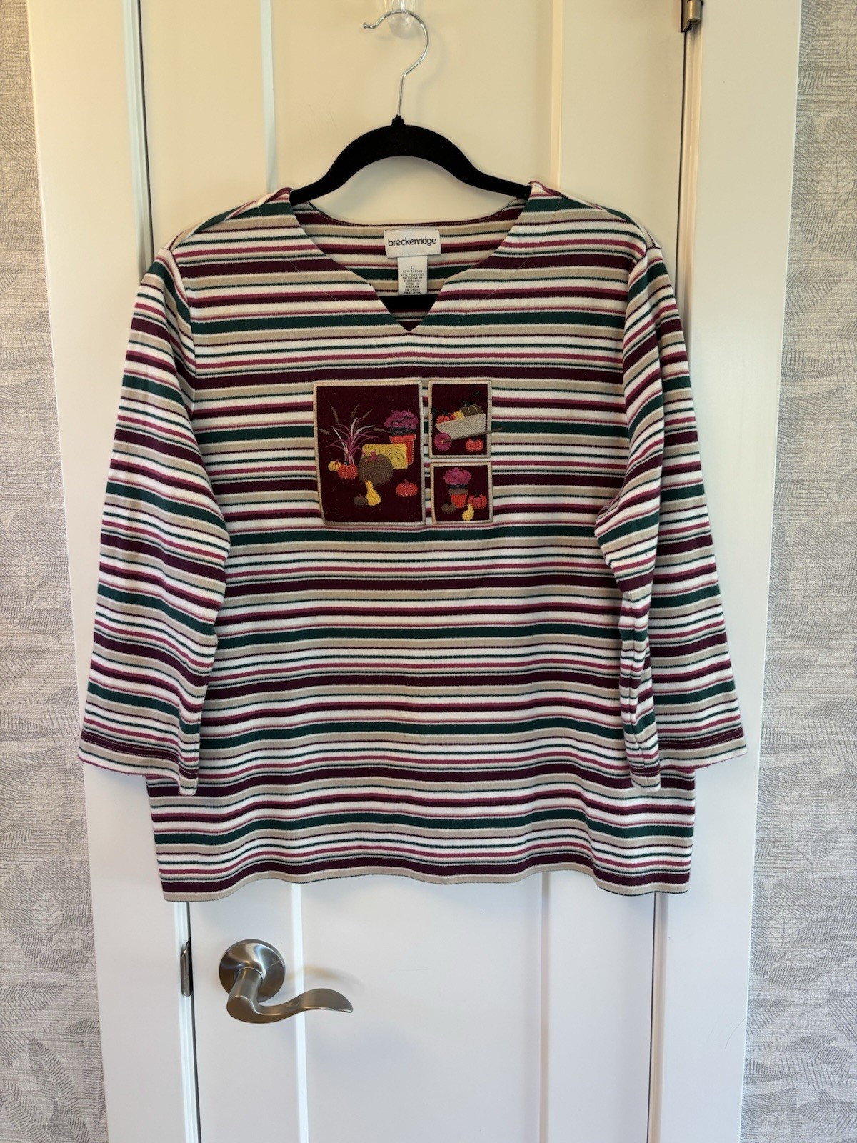 Women’s Striped Embroidered Harvest Fall Top 3/4 Sleeve Sz L Cottagecore Pumpkin