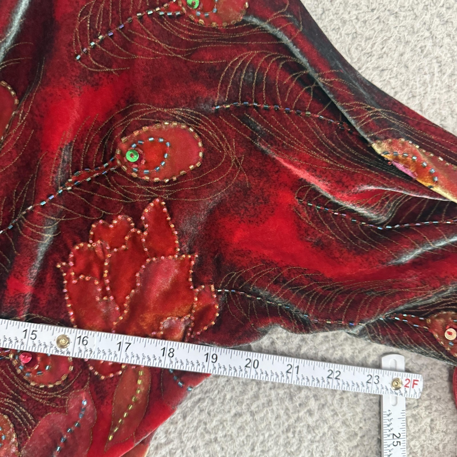 Peacock Feather Beaded Sequin Velvet Top Large Red Tassel Fringe Fairy Witchy