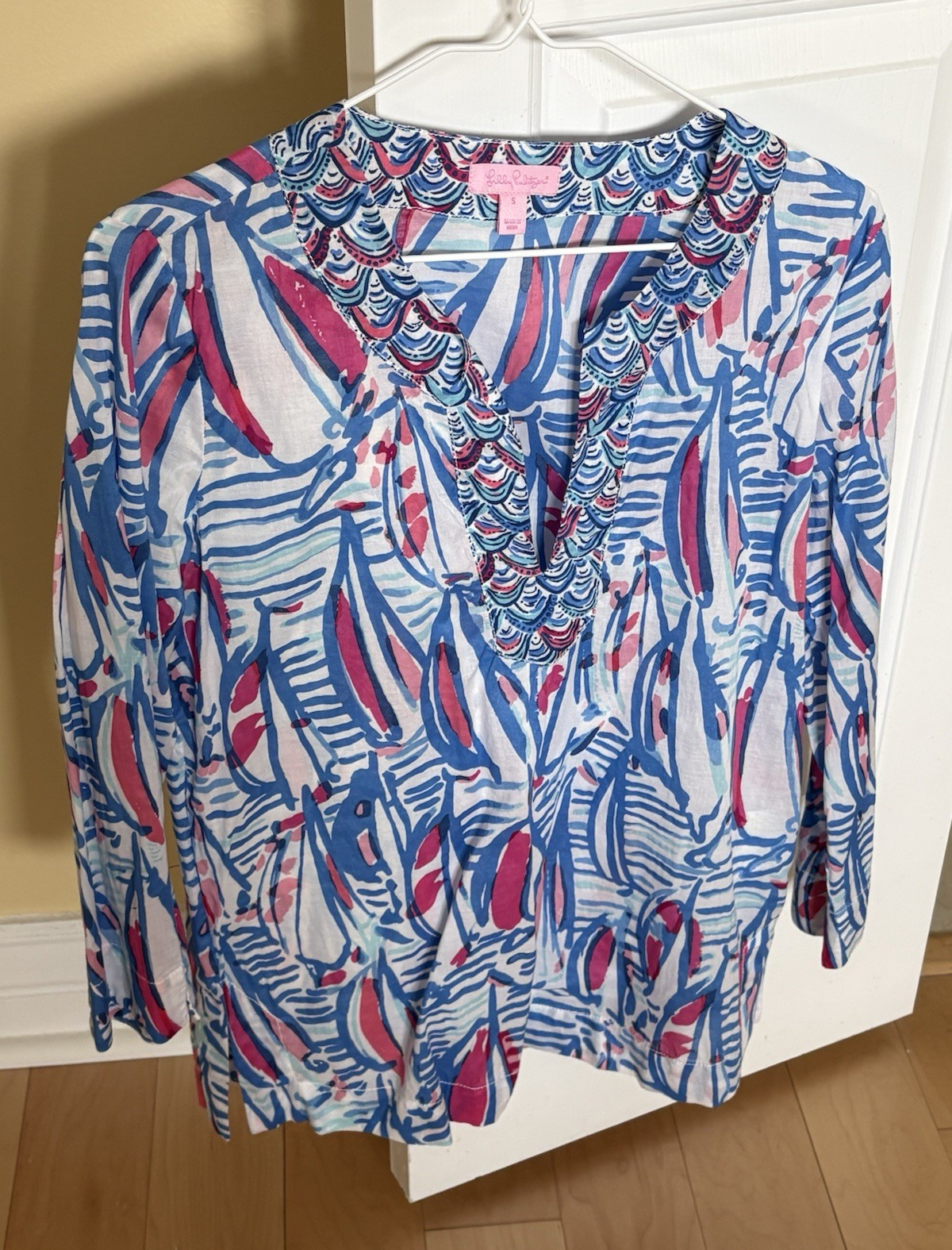 Lilly Pulitzer S Blue Pink White Abstract Print V-Neck 3/4 Sleeve Tunic Blouse
