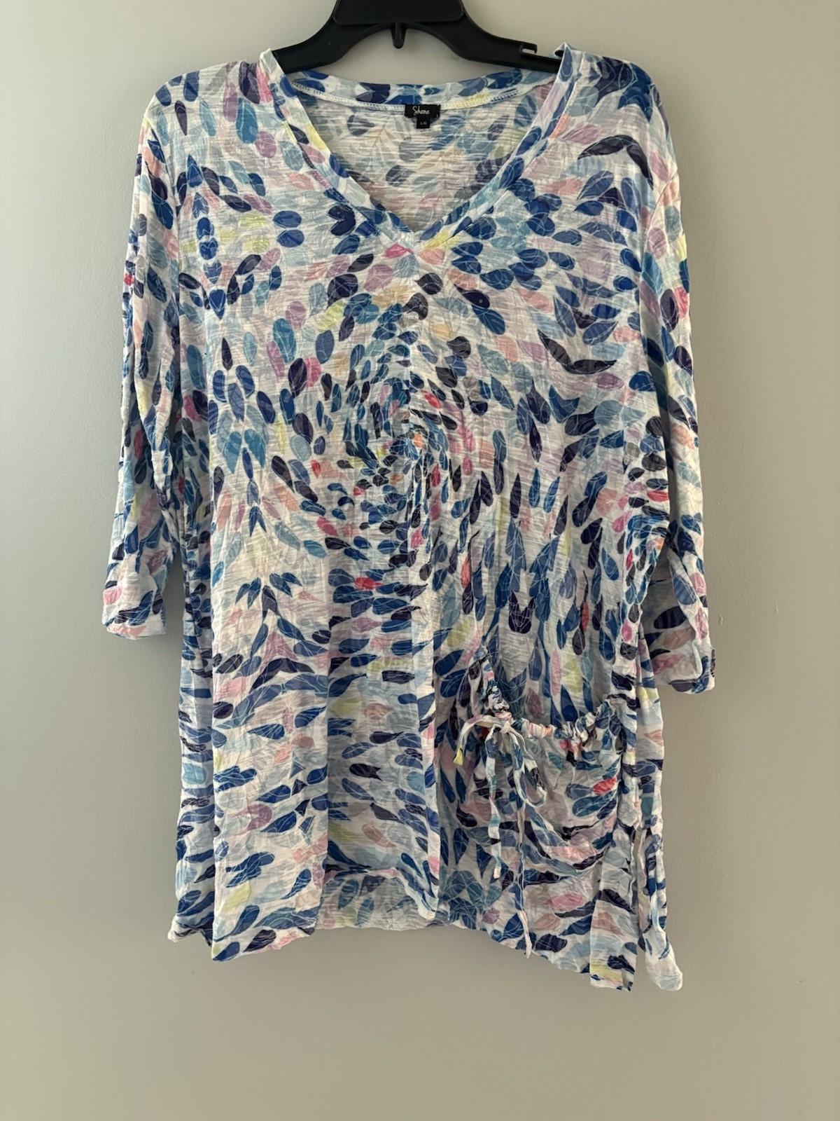 Shana Tunic Top Size L Blue Pastel Leaves Crinkle Floral Pocket Lightweight