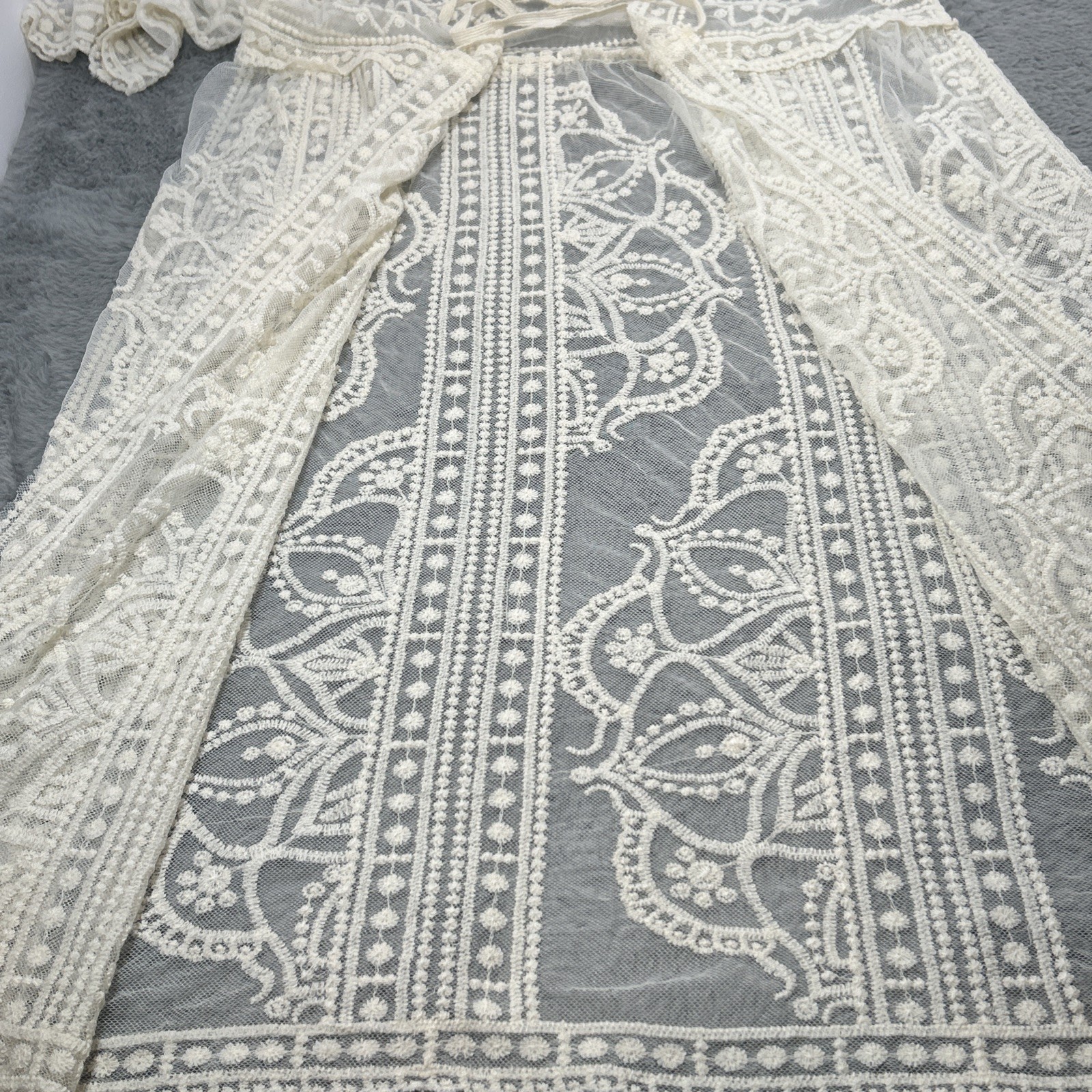 Sheer Ivory Lace Duster Tie Front Long Kimono Womens XL Goddess Romantic Boho