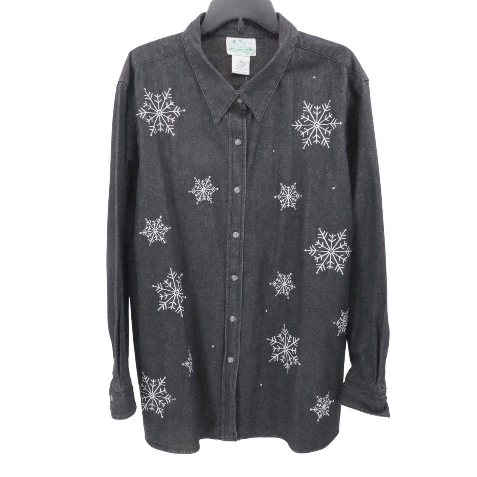 Quacker Factory Womens 2X Black Denim Snowflake Embroidered Shirt Button Covers