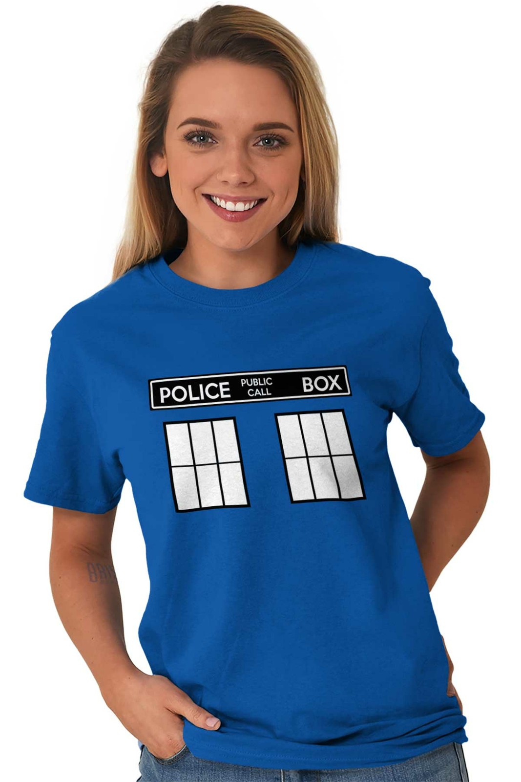 Police Box Time Travel Machine Who TV Show Womens or Mens Crewneck T Shirt Tee