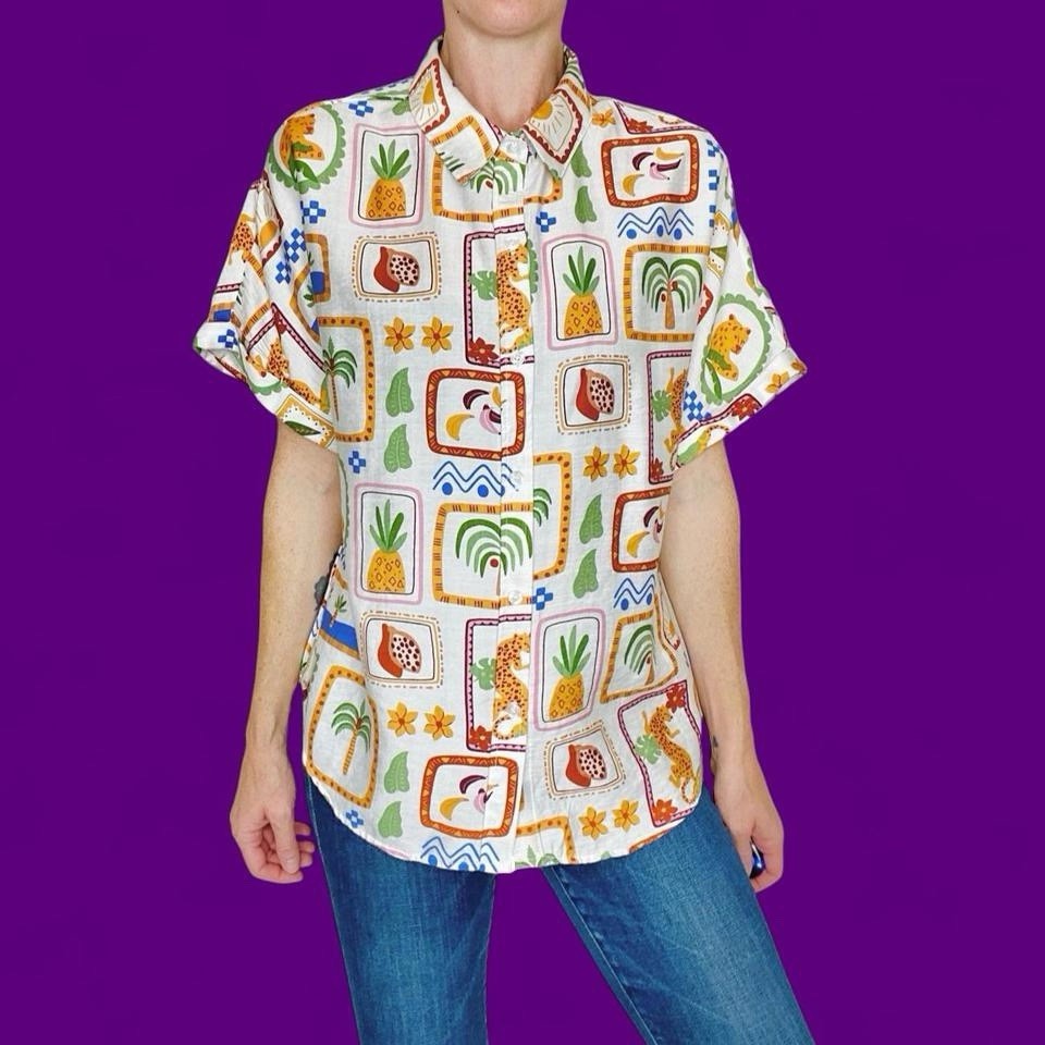 Milk & Honey Tropical Plants Animal Fruit Button Down Shirt