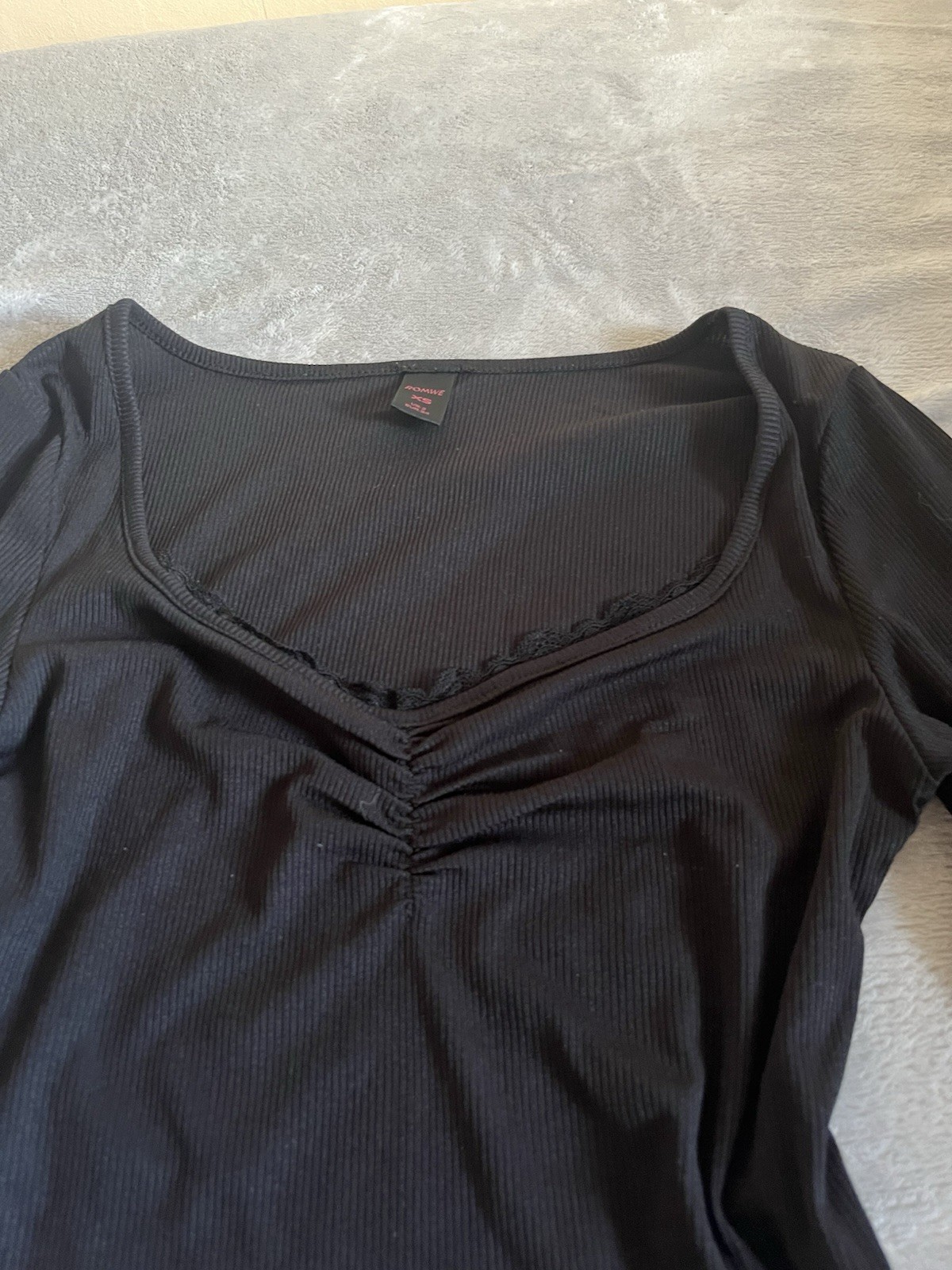 ROMWE Solid Black Contrast Lace Ruched Tee Top Y2K Style Size xs