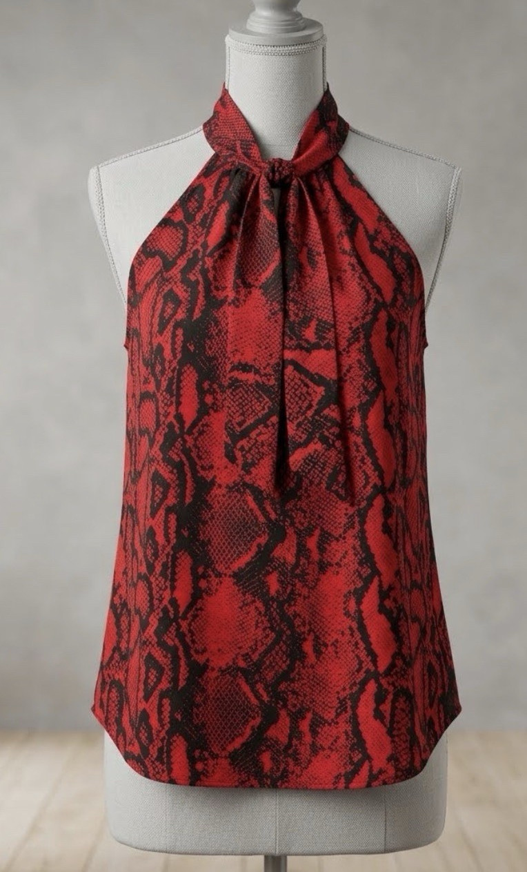 Veronica M Red/Black Snake Print Halter Tie Neck Sleeveless Top – size S
