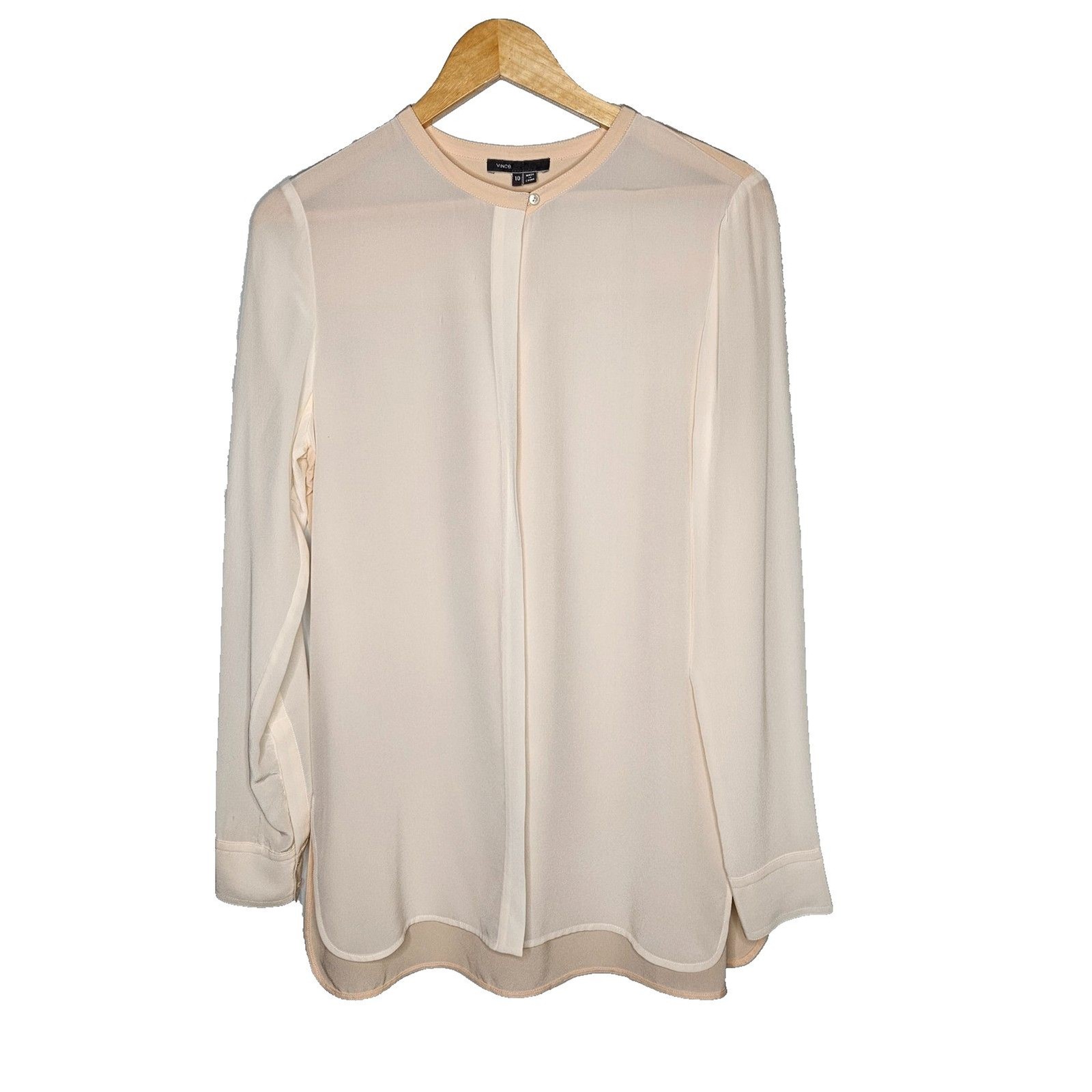 VINCE Silk Minimalist Mandarin Collar Blouse Women’s 10 Peach Cream FLAW