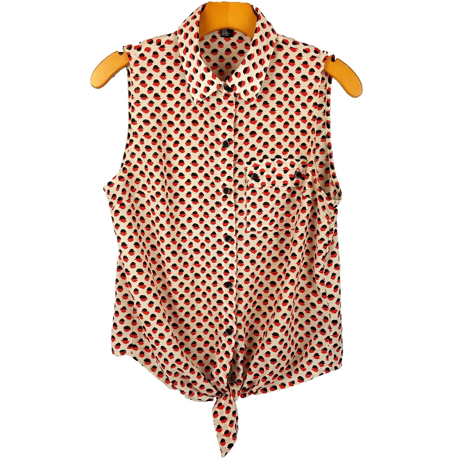 Forever 21 Tie Front Top Womens M Cream w/ Red Black Dots Sleeveless Button Up