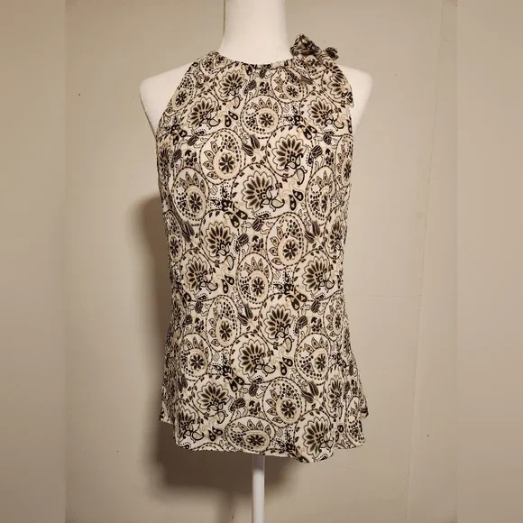 Ann Taylor Silk Size 10 Cream Tan And Black Paisley Tie Halter Top Tank EUC