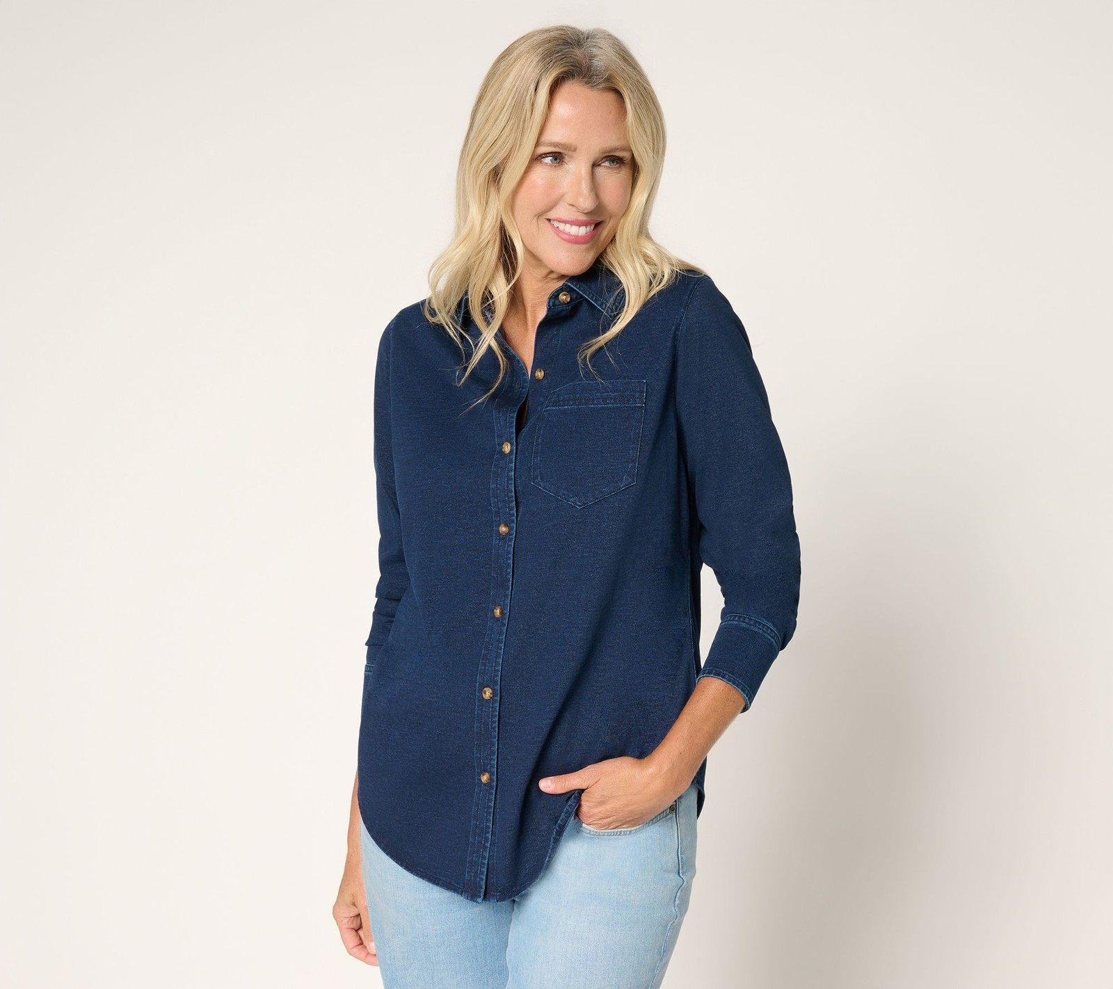 Ree by The Pioneer Woman Knit Denim Button Front Shirt Dark Wash 1X New