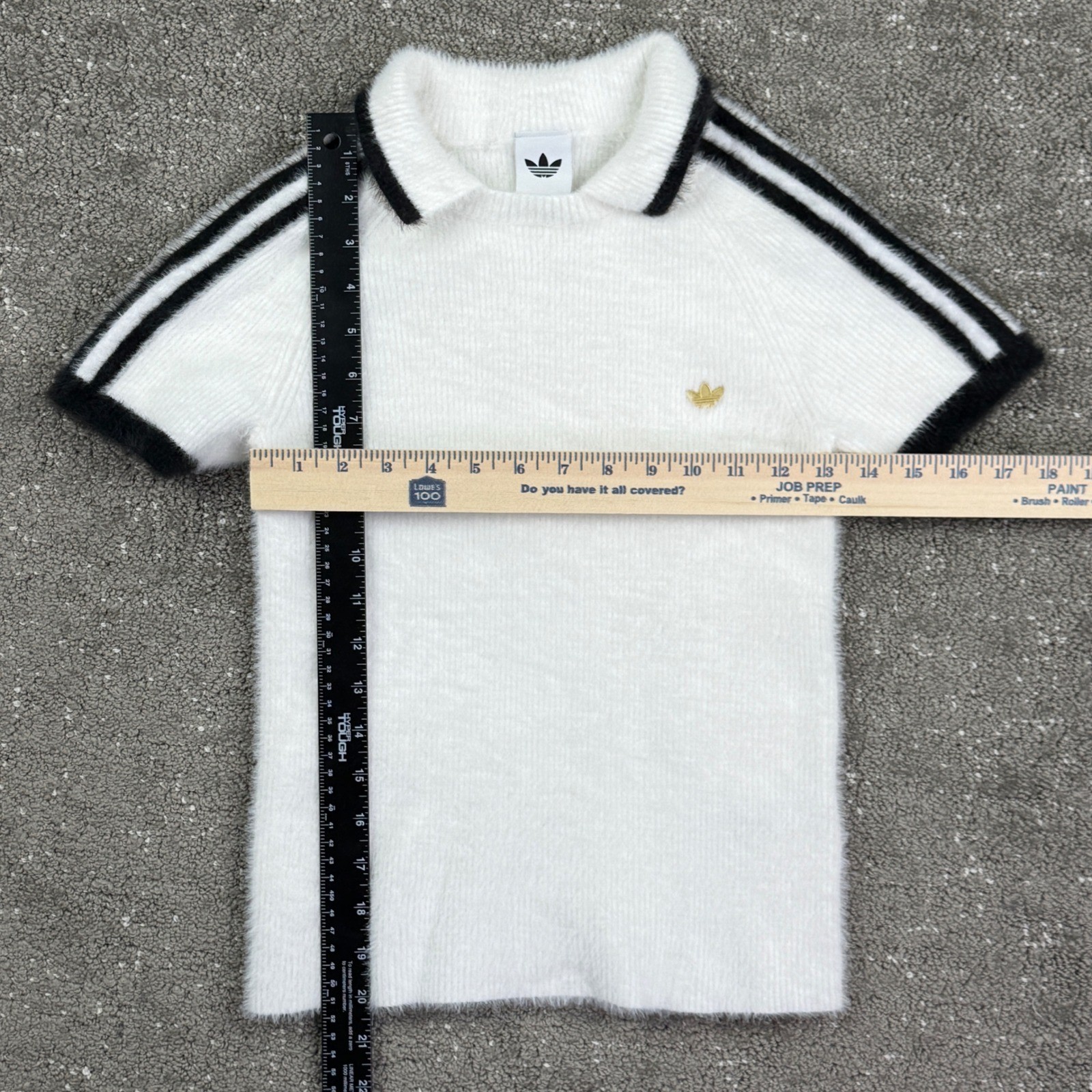 Adidas Polo Shirt Women Medium White Fuzzy Knit 3-Stripe Trefoil KE1301