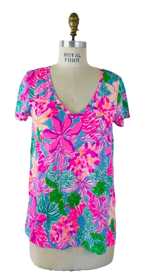 Lilly Pulitzer Etta V-Neck Top Short Sleeve Cotton Multi Tigers Lair Size L