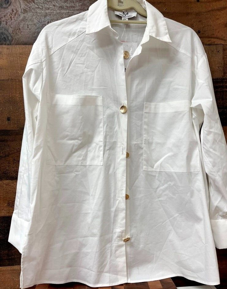 Magaschoni Oversized Shirt White Blouse Large Front Pockets Gold Buttons NWT S