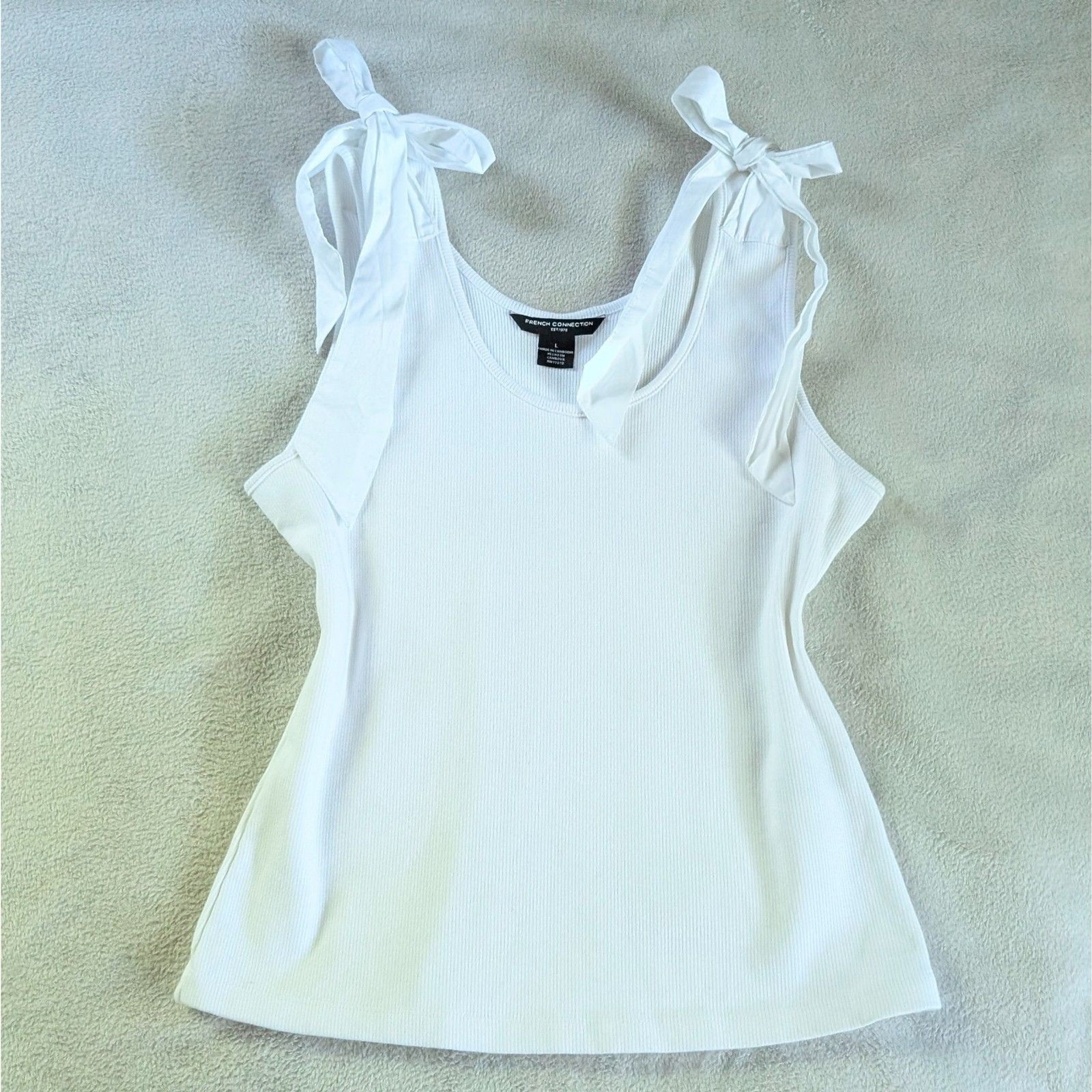 Ribbed Shoulder Bow Tank Top Women’s Large White Fitted Coquette