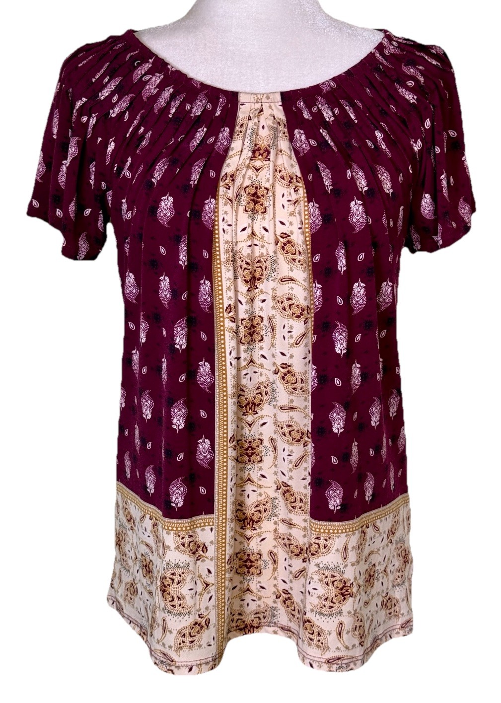 Women’s Festival Boho Peasant Blouse Burgundy Paisley Relaxed Fit Tunic Sz Sm