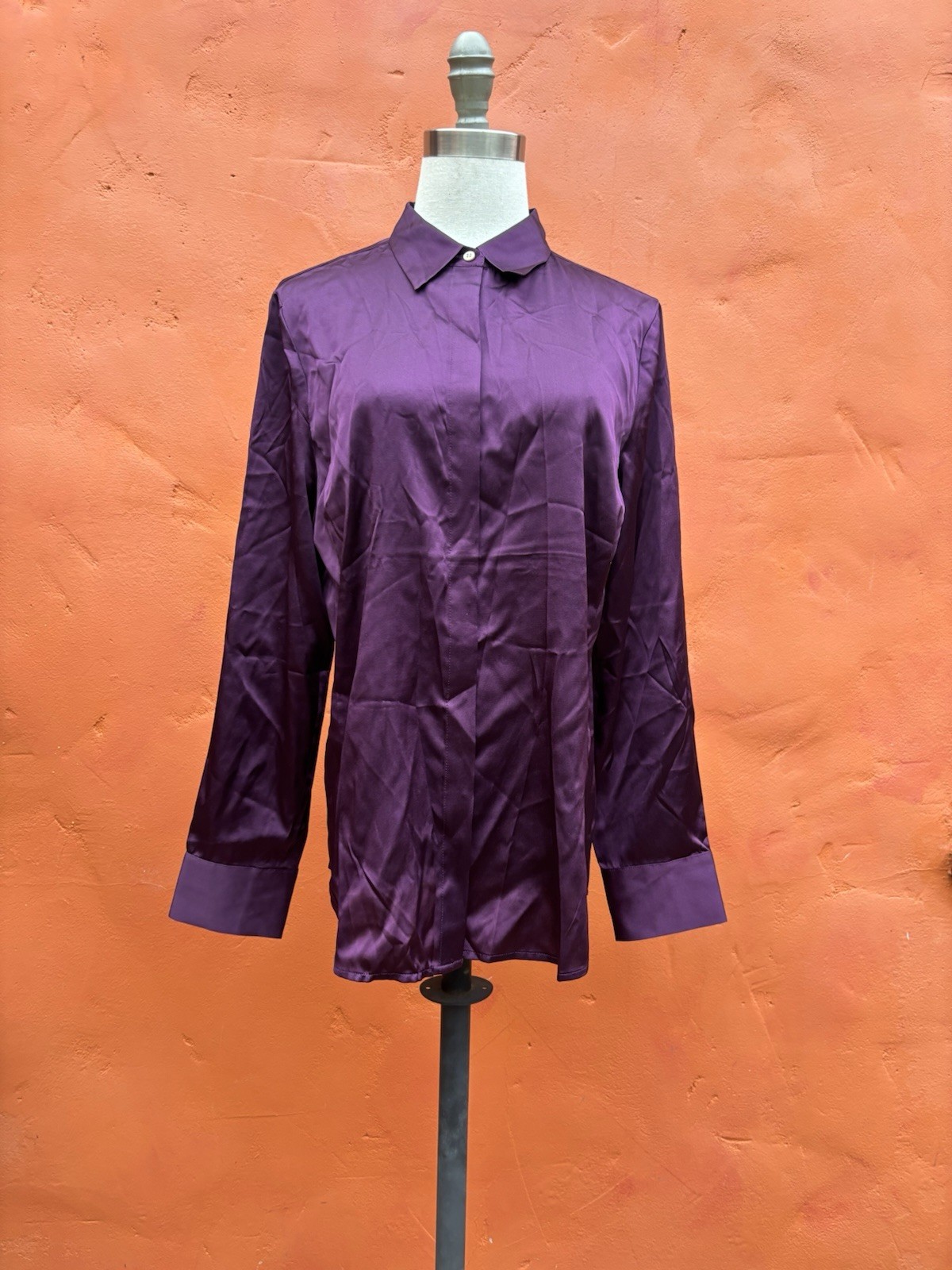 NWT ANN TAYLOR Petites 14P Plum Button Down Silk Blouse Shirt Top Barrel Cuff