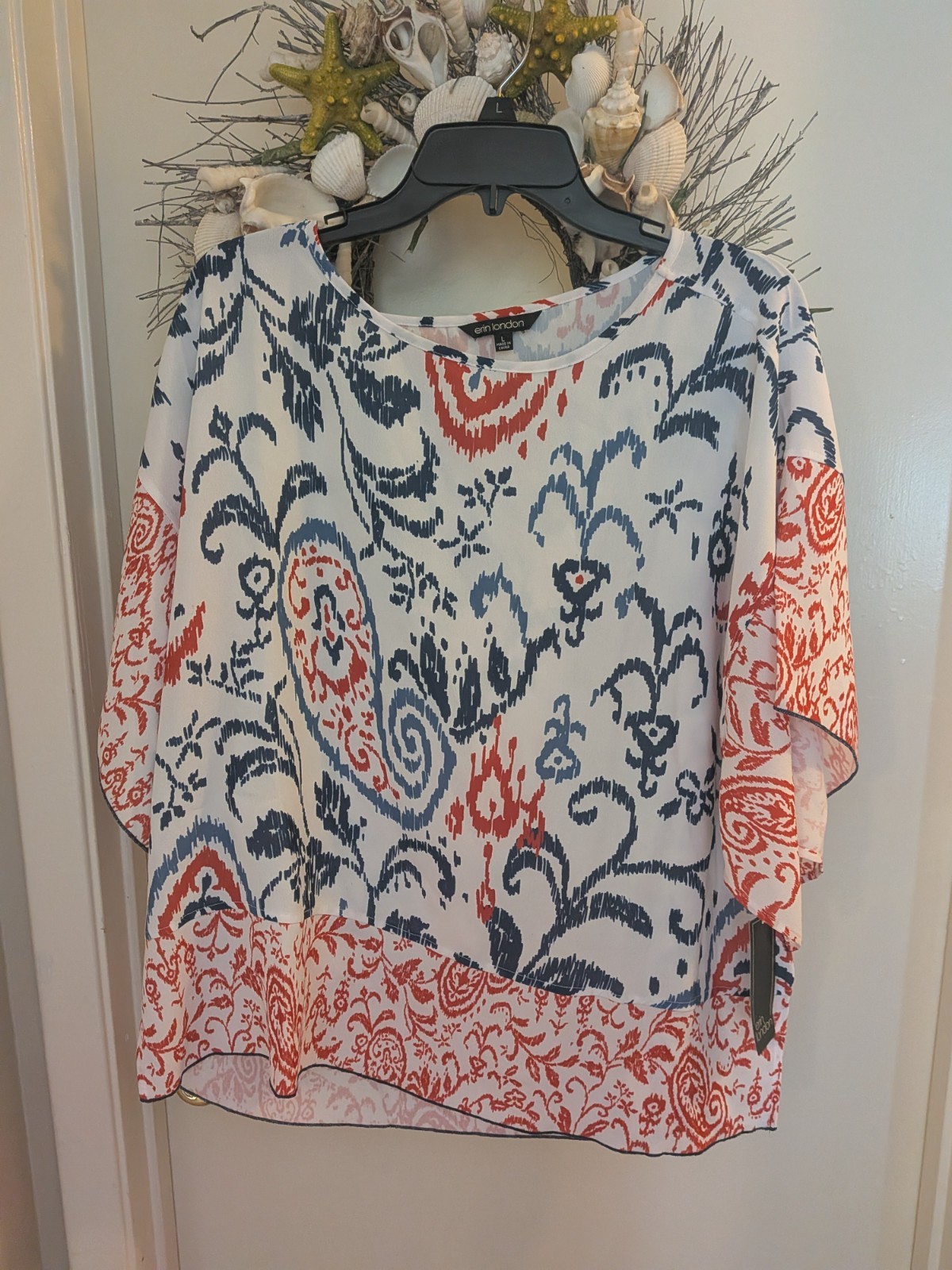 Erin London RELAXED R/W/B Print SS Slight Sheer Sz. L Blouse New w/Tags