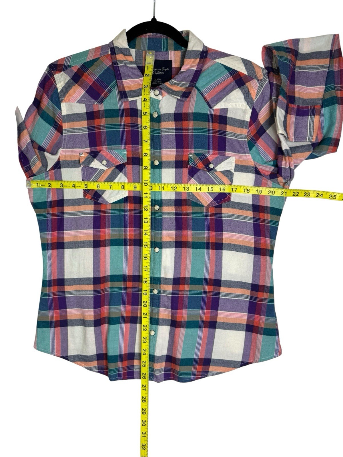 American Eagle Western Shirt Women’s L Purple Green Pink Plaid Pearl Snap Rodeo