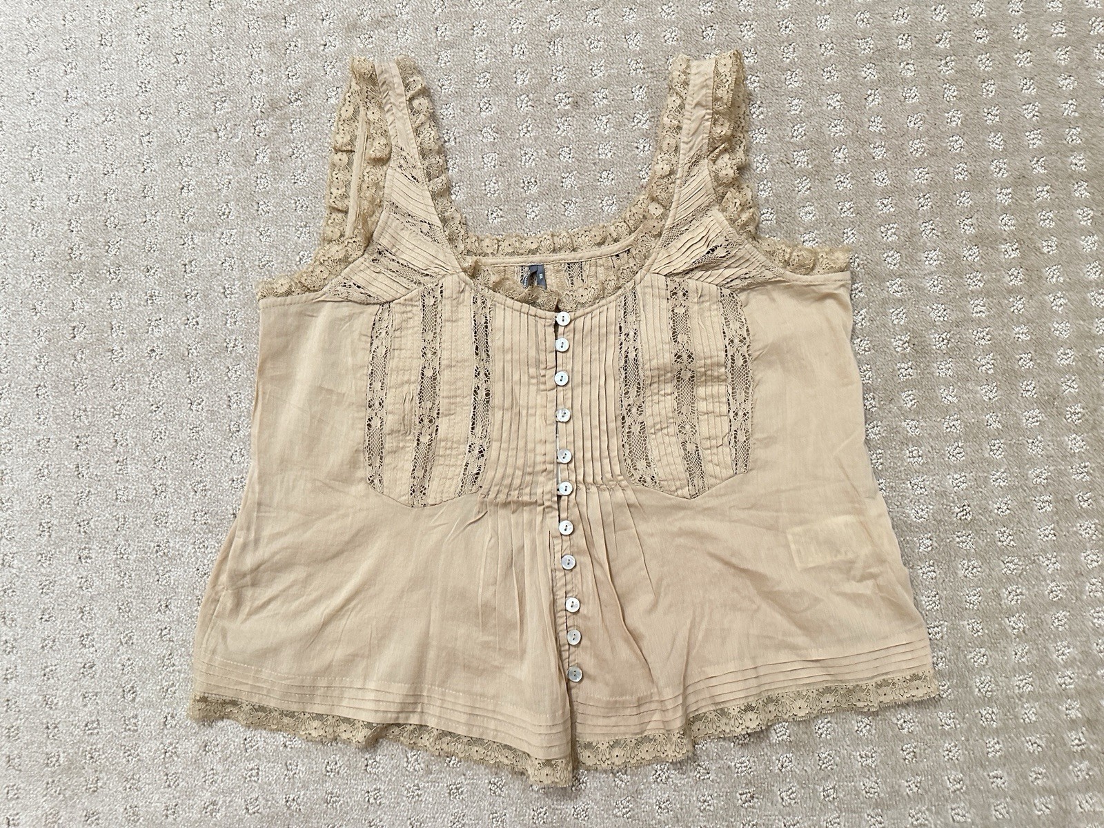 By Anthropologie Cotton Lace Ruffle Tank. Tan Color. Size: XXS (run large)