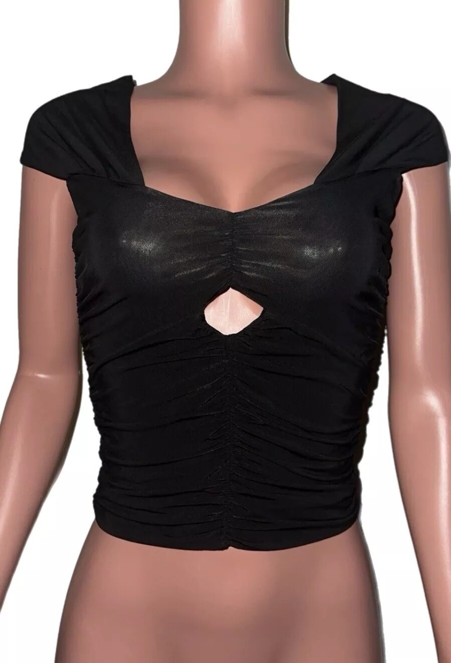 Pinko Brand Italy Black M Lined Ruched Cut Out Mesh Crop cleavageTop NWTS Gothic